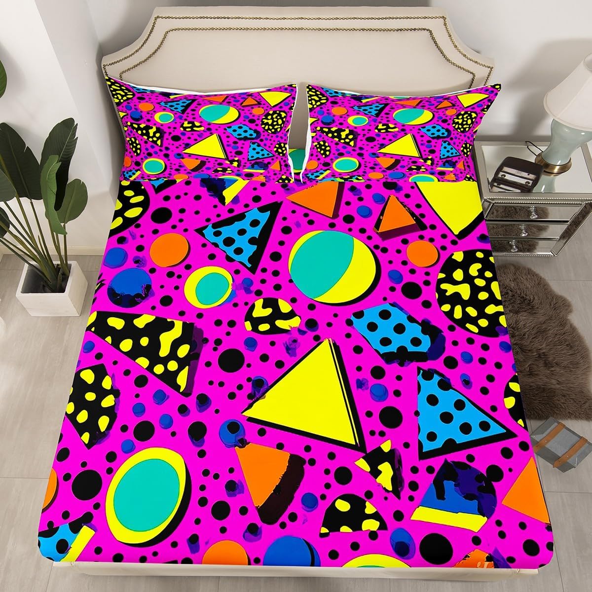 80S 90S Fitted Sheet Queen Size,Geometric Pattern in Retro Style Bedding Sets Eighties Memphis Bed Sheets Geometric Abstract Colorful Design with Dots Funky Bedding Decor Set Fashion 1980S Home Decor