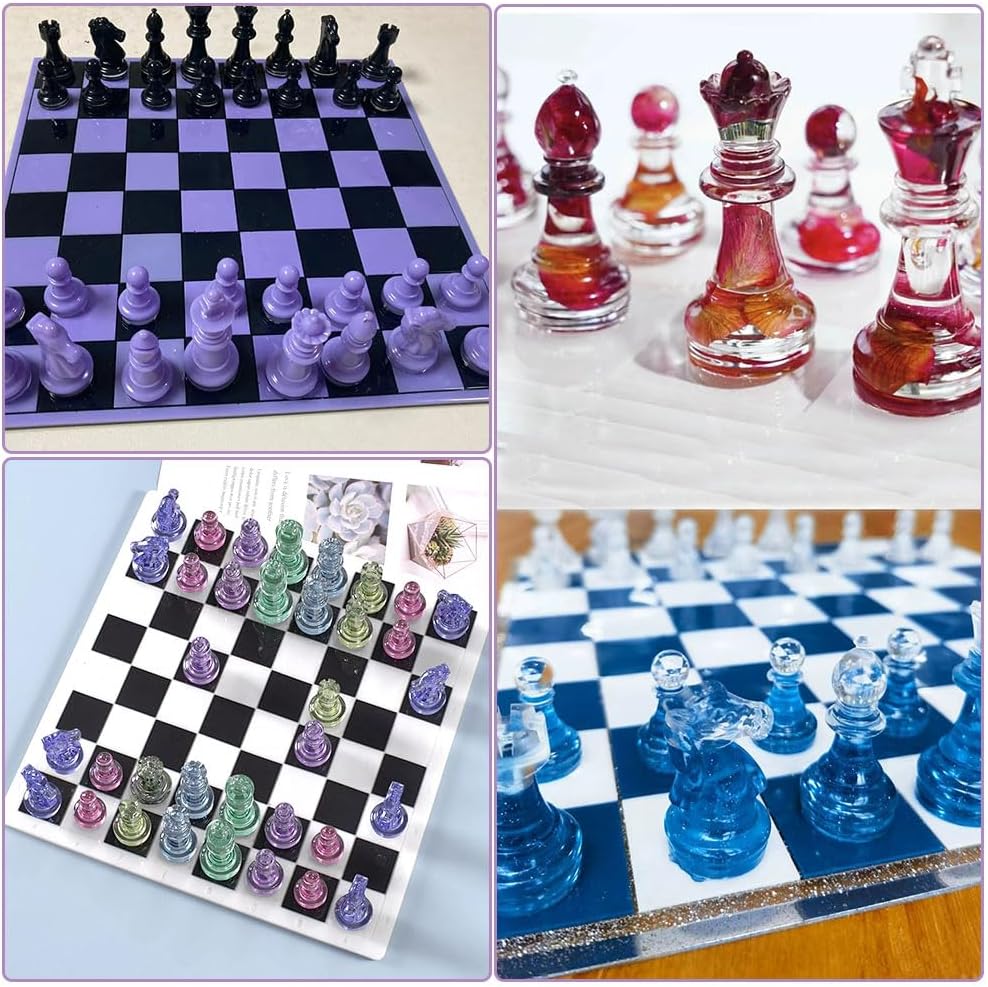 BIGEBO Chess Board Mold，16 Pieces Full Size 3D Silicone Chess Piece Mold for Epoxy Casting Molds DIY Art Crafts Making Family Party Board Games and Home Decoration