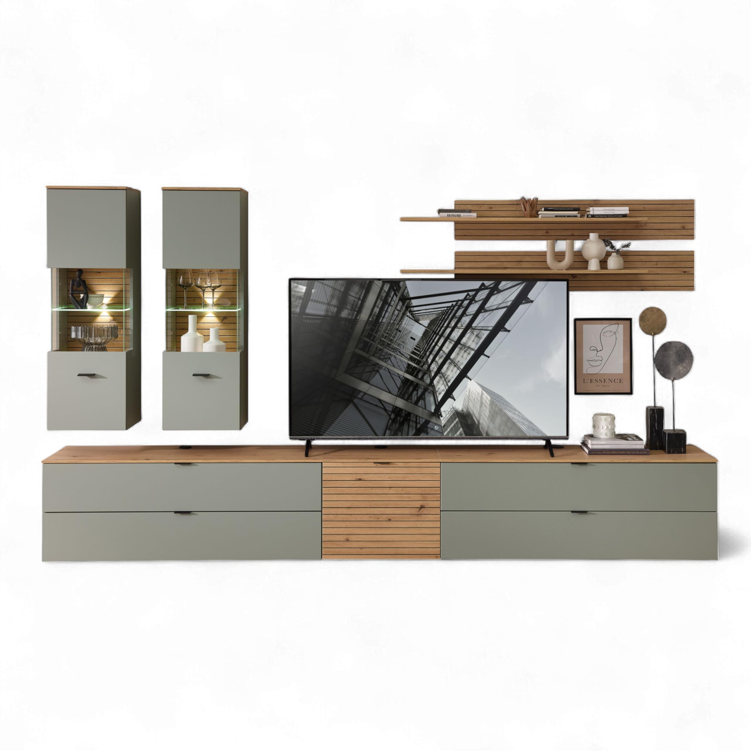 Stella Trading INA - Set completo da parete in verde canna, effetto rovere artisano, certificato FSC, 7 pezzi, con illuminazione a LED per il vostro soggiorno, 340 x 185 x 44 cm (larghezza x altezza x