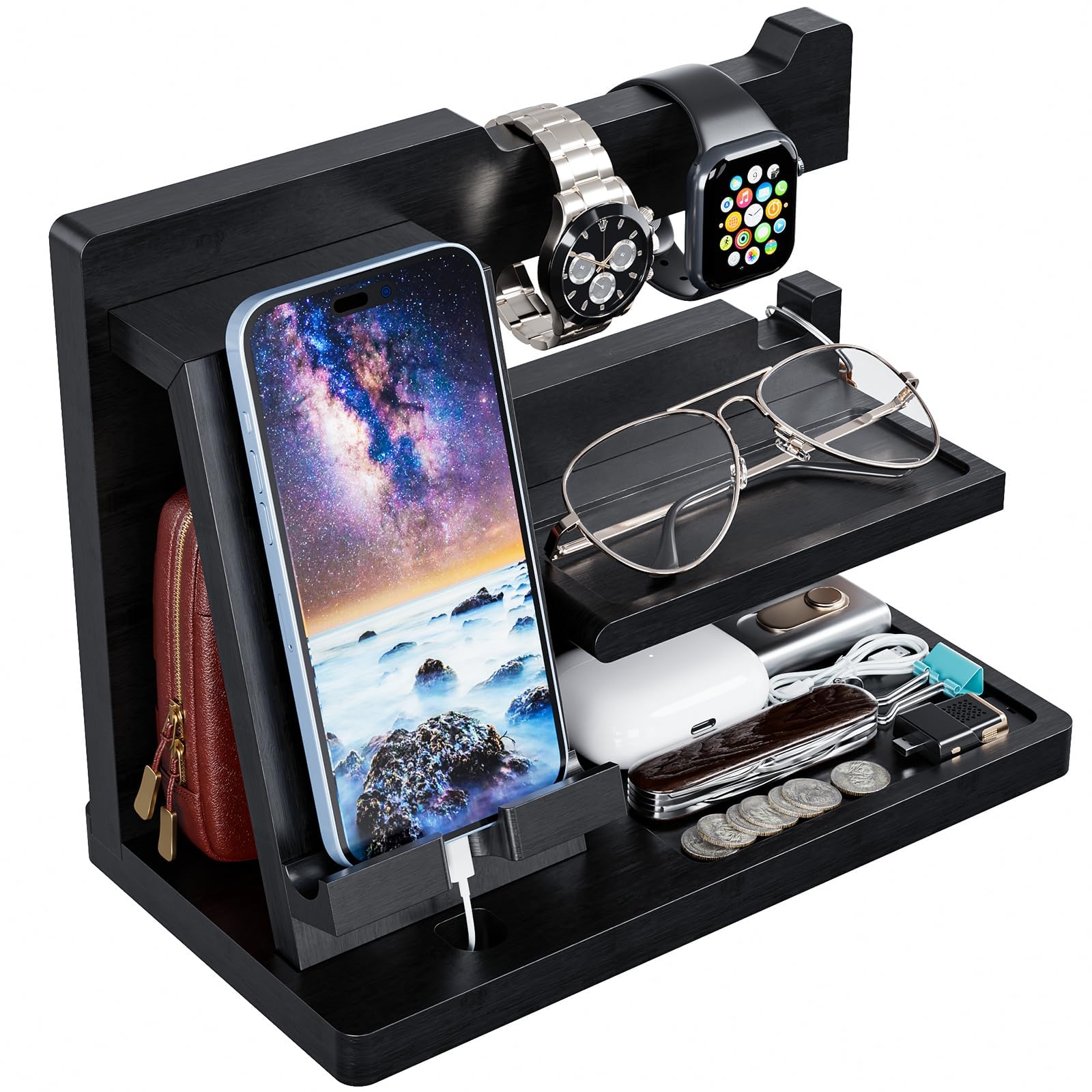 Yirilan Wood Phone Docking Station for Man, Nightstand Charging Organizer and Cell Phone Stand, Birthday Gifts for Men, Dad, Anniversary, Key Holder, Stand Wallet, Watch & Essentials (Black)