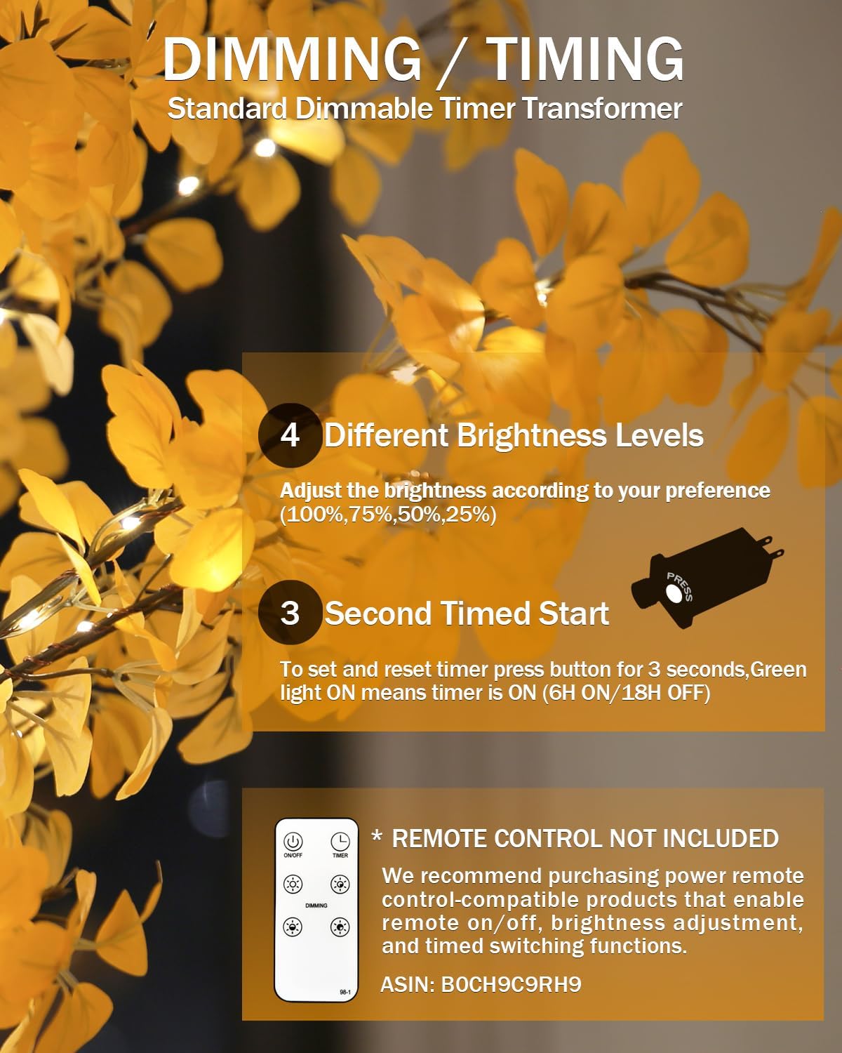 6FT 5-Leaf Lucky Tree Christmas Tree with Warm White Lights - 300 LEDs Weatherproof Indoor/Outdoor Lighted Maple Tree, 16ft Extension Cord & Stakes, 4 Dimming Modes + Timer (Yellow) - Image 4