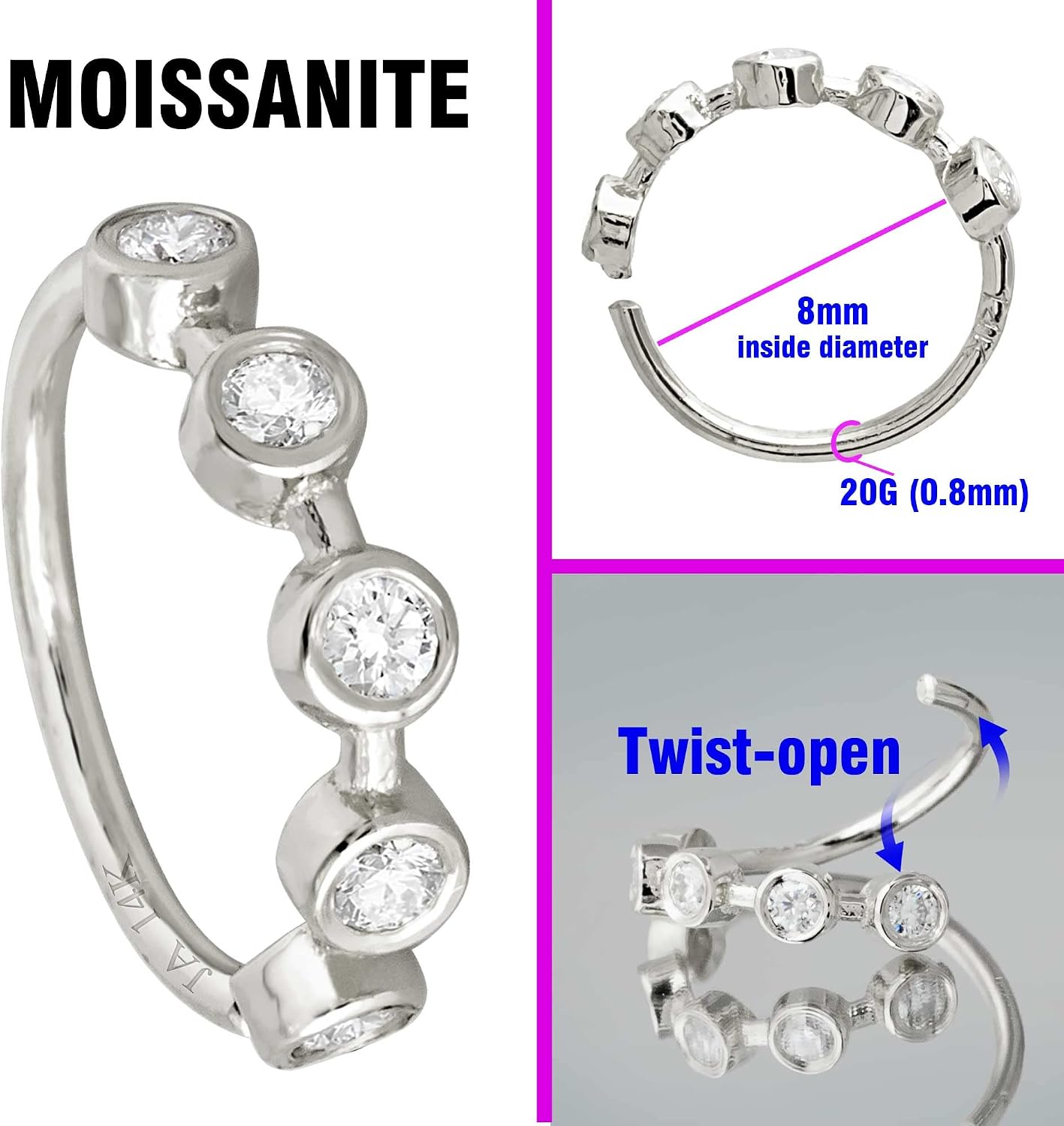 Solid 20G 14Kt White/Yellow Gold Bezel Set 5-Stone Moissanite Nose Hoop Ring - Ear Cartilage Ring - April BirthStone Nose Ring Stud