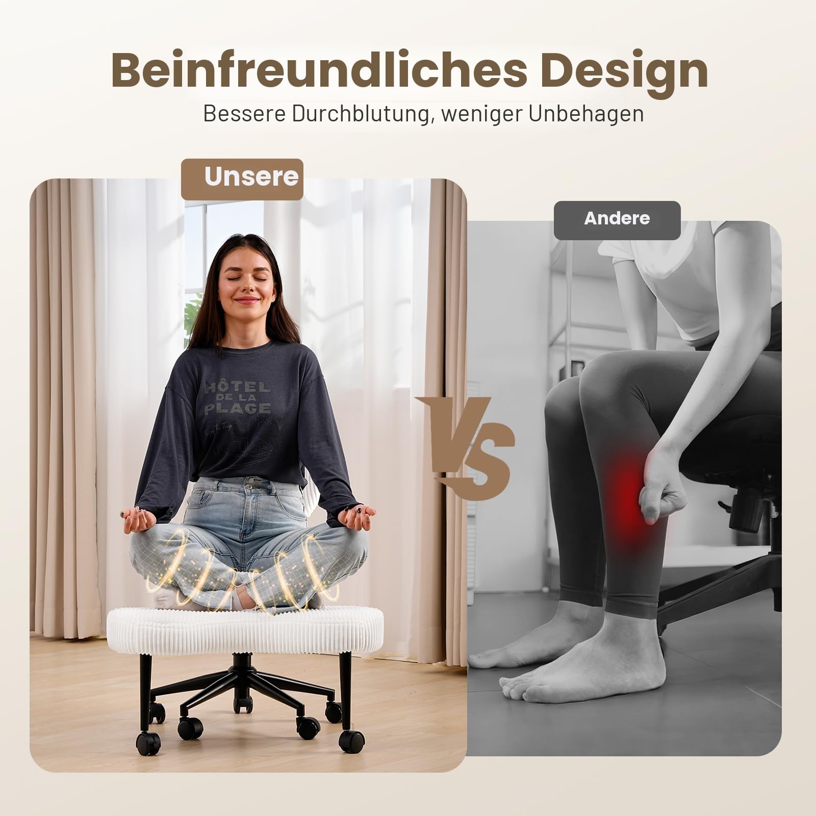HOMRELEXA Bürostuhl mit Kreuzbeinen, 360° drehbar, Ergonomischer Kniestuhl, Criss Cross Schreibtischstuhl mit Verstellbarer Höhe, ADHS-Meditationsstuhl mit Rückenstütze, Cordstoff, Weiß