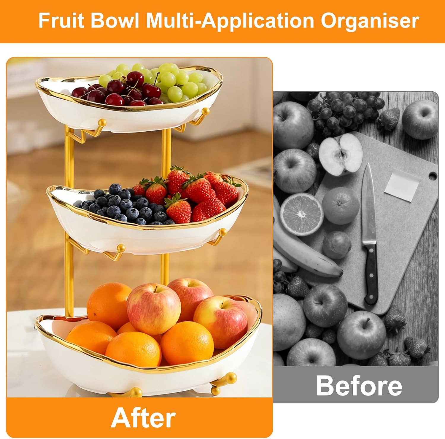jessie 3 Tier Fruit Bowl for Kitchen Counter,Ceramic Bowl with Metal Stand,3 Tier Fruit Basket for Vegetable Bread Candy Snack Nuts Dessert Cake Tray (White Bowl Gold Rack)
