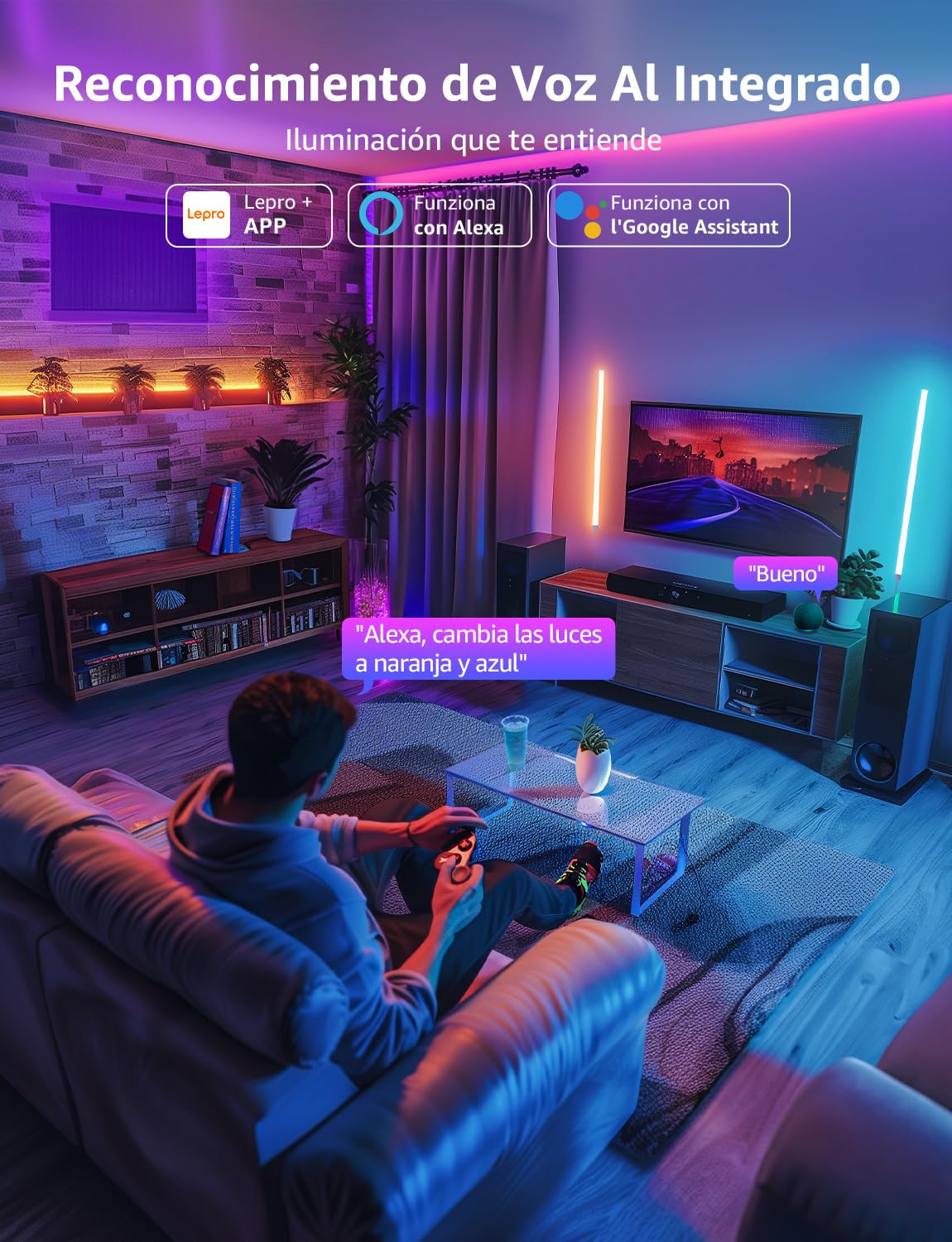Lepro WL1 AI Barras de Luz LED Pared Inteligente, Funciona con Alexa y Google Home para Sala de Juego y PC Decoración, Diseñador de Iluminación AI Personalizado, Sync de Música y Control de Voz, 6Pcs