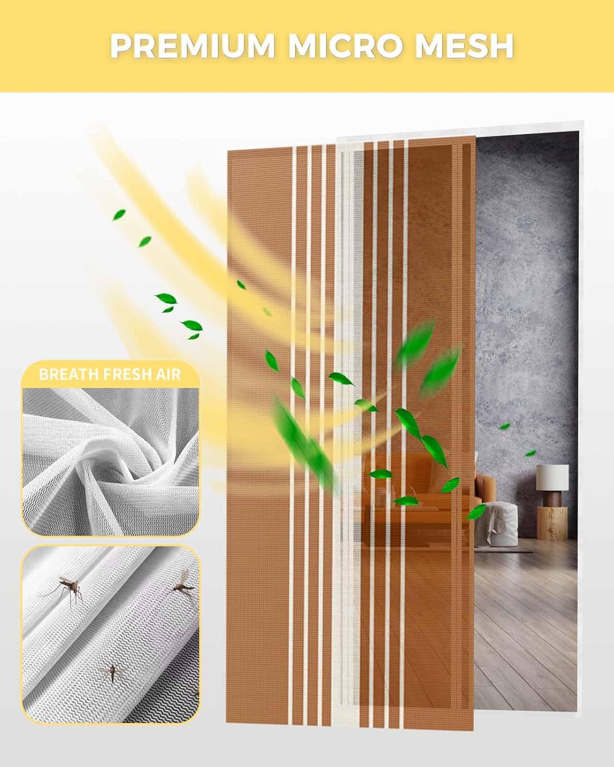 Burnt Orange Beige Striped Magnetic Screen Door, Modern Farmhouse Retro Lines Hands Free Screens Mesh Size 38" x 83", Reinforce Heavy Duty Mesh Screen Doors for Patio/Front/Sliding Door