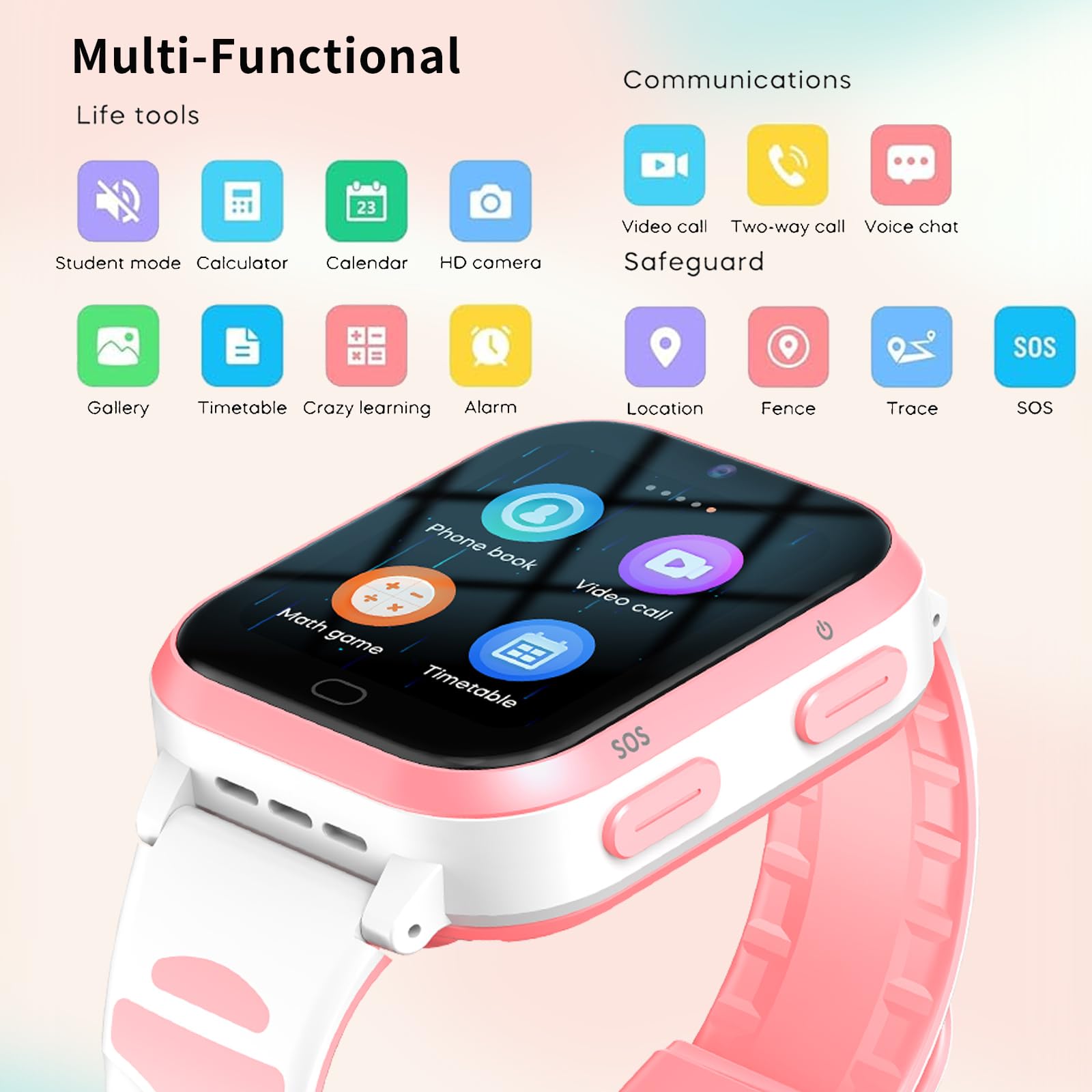 Fitome 4G Reloj Inteligente Niños, Smartwatch Niños con Seguimiento y Videollamadas, GPS, SOS, Cámaras, Despertadores, Podómetros, Relojes Inteligentes Niñas de 4 a 12 Años,Rosa