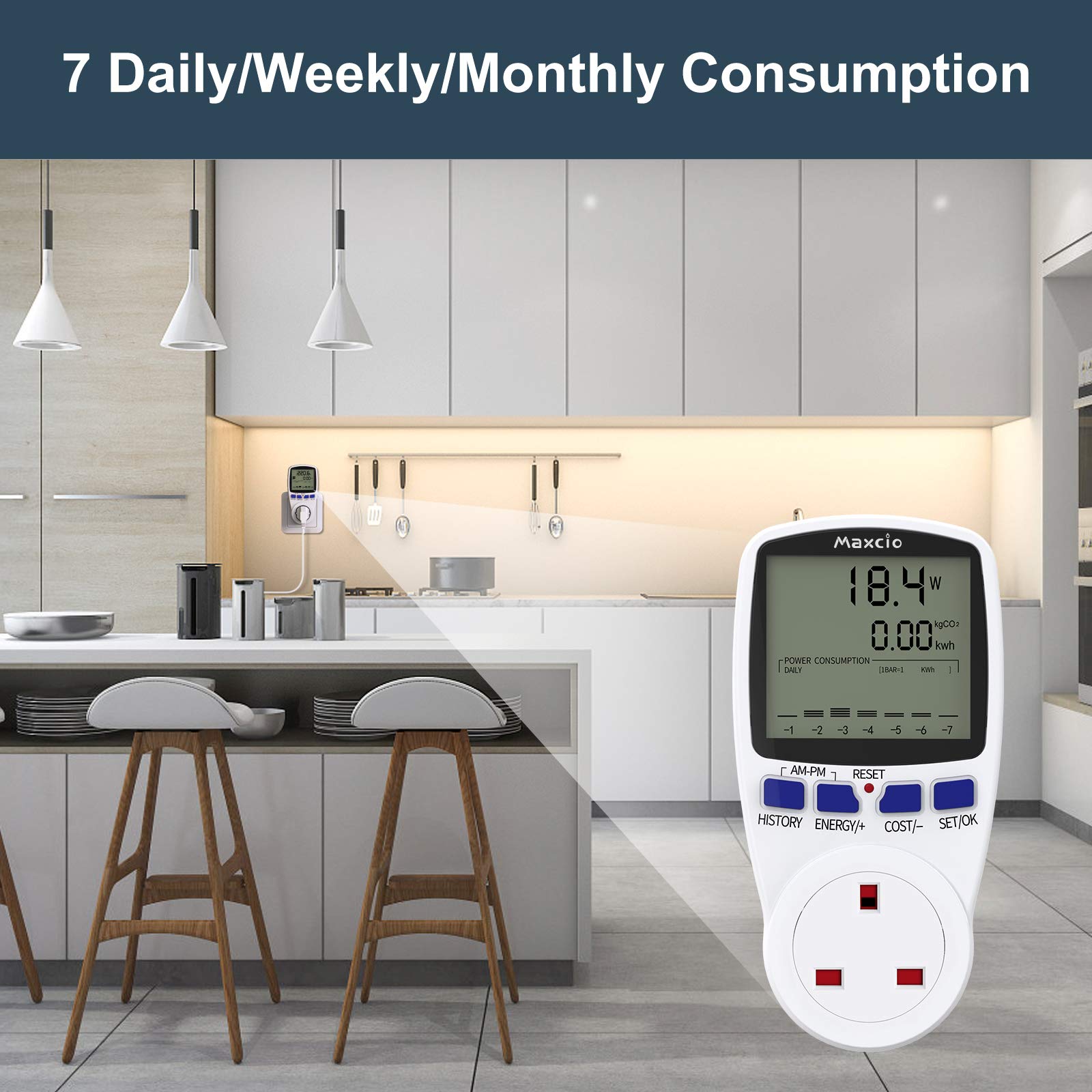 Maxcio Power Meter Energy Monitor Dual Tariffs with LCD Display, 13A