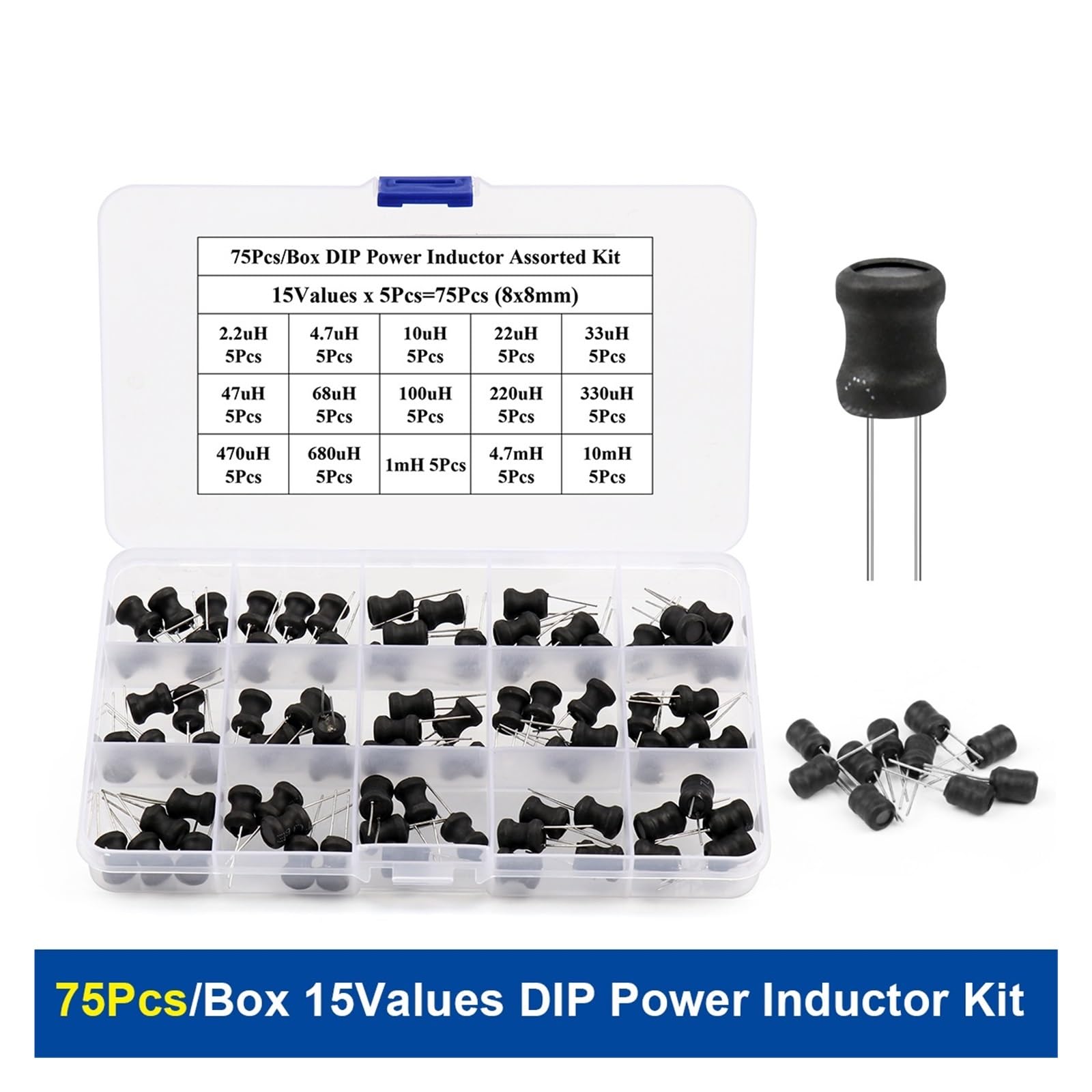 Caja de 75 Piezas Kit Surtido de inductores de Potencia Dip 15 valores X 5 Piezas = 75 Piezas Inductancia 8x10mm 2.2uH-10mH