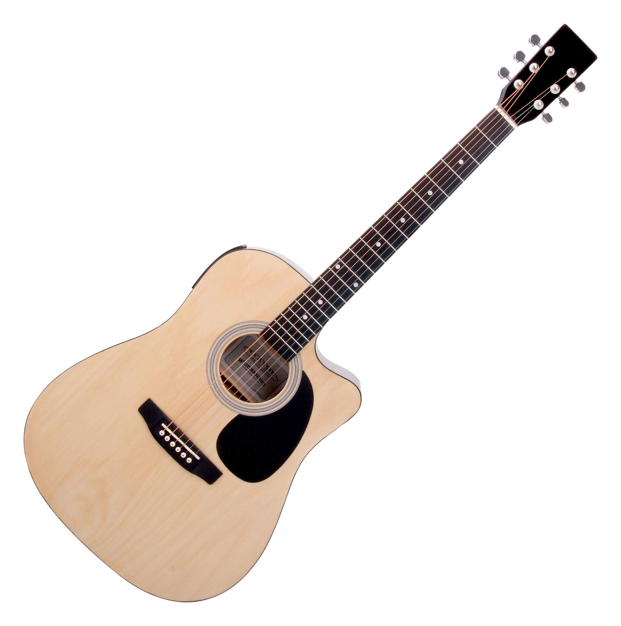 Classic Cantabile WS-10NAT-CE Westerngitarre mit Tonabnehmer (Akustik und verstärkt, Dreadnought, Cutaway, 3-Band EQ + Presence, Stimmgerät Tuner mit LCD, XLR und Klinke) natur Hochglanz