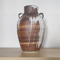 MoCuishle 10" Handmade Rustic Pottery Vase with Handle - Brown White Boho Farmhouse Ceramic Flower Vase for Living Room Kitchen Decor
