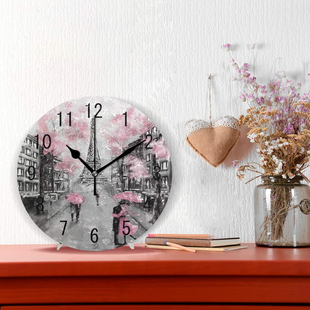 ALAZA Home Decor Oil Painting Paris Eiffel Tower Art Round Acrylic 9.5 Inch Wall Clock Non Ticking Silent Clock Art for Living Room Kitchen Bedroom