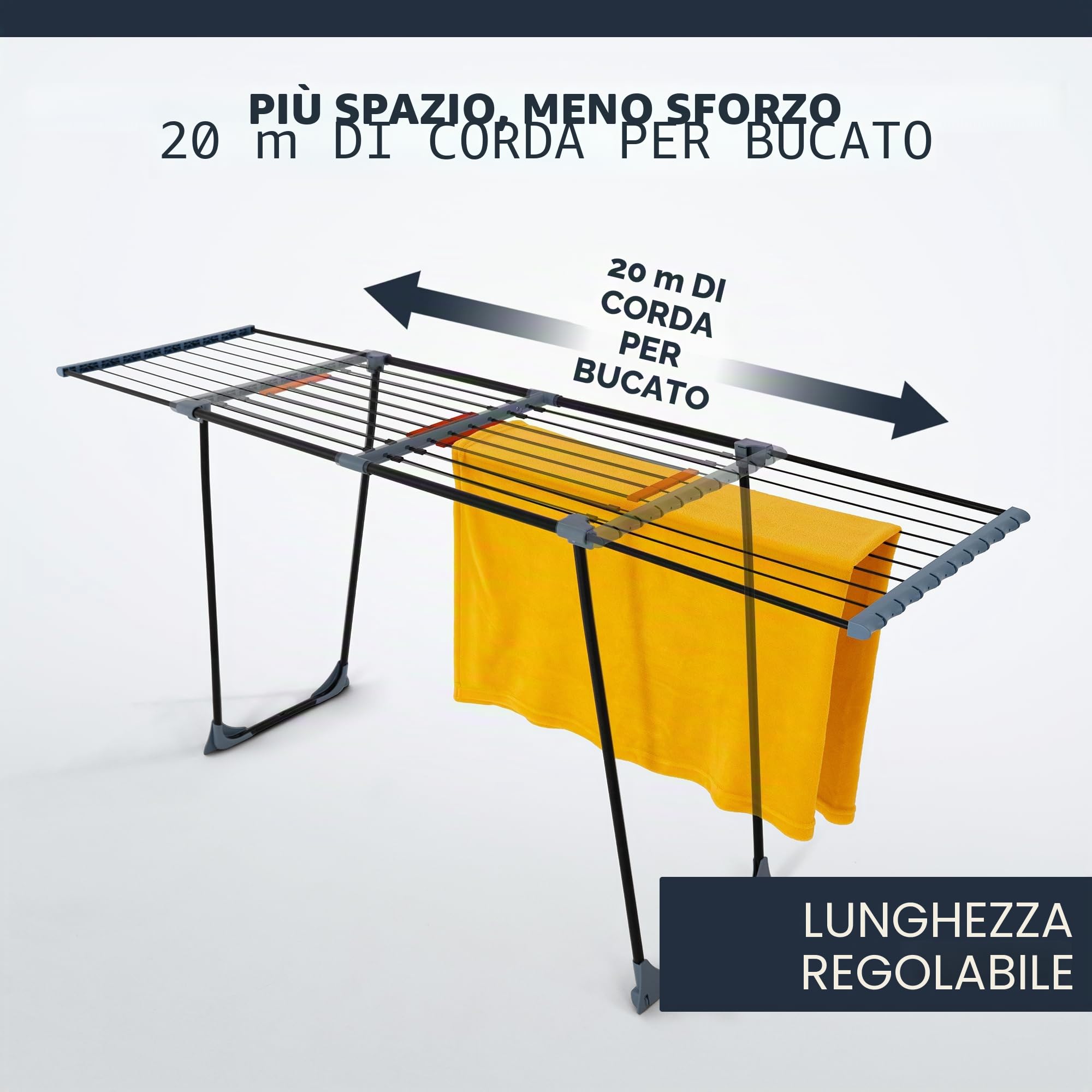 Stendibiancheria estensibile – XXL 20 m² di superficie di asciugatura, asciugatrice salvaspazio [Made in EU], stabile e nero con clip per piccola biancheria