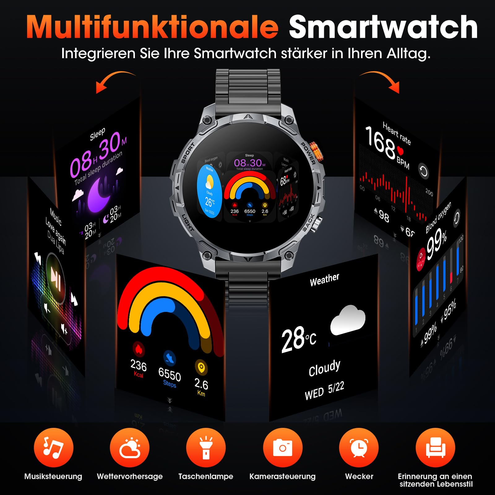 Militär Smartwatch Herren, mit1000-mAh-Akku/2 Armbändern/1,75" HD Großes Display Sportuhr/110+ Sportmodi Fitnessuhr/LED Taschenlampen/24/7Herzfrequenz/Schlafmonitor/IP68 Wasserdicht für iOS Android