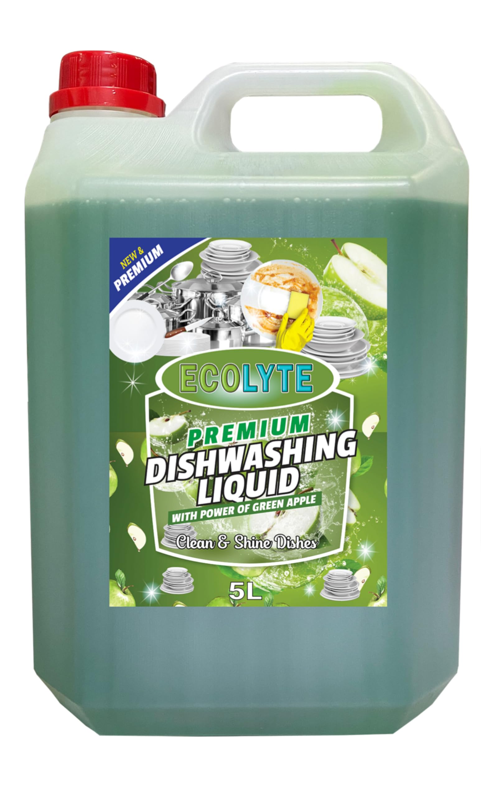 ECOLYTE+ Dishwashing Liquid Soap, Platinum Antibacterial Detergent & Perfect Shine, All Purpose Cleaner, Leaves No Residue, Kitchen Cleaner, Removes Grease & Oil - (Green Apple, 5 Liter)