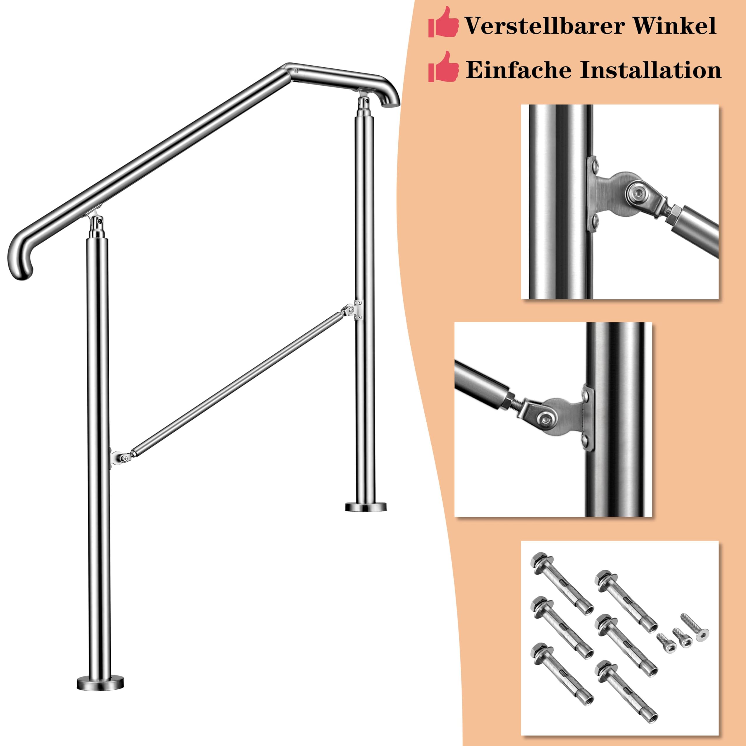 AICA Edelstahl-Treppengeländer für 4–5 Stufen (162 cm, silber), Winkelverstellbares Geländer, Eingangsgeländer für Hauseingänge sowie Innen- und Außenbereiche