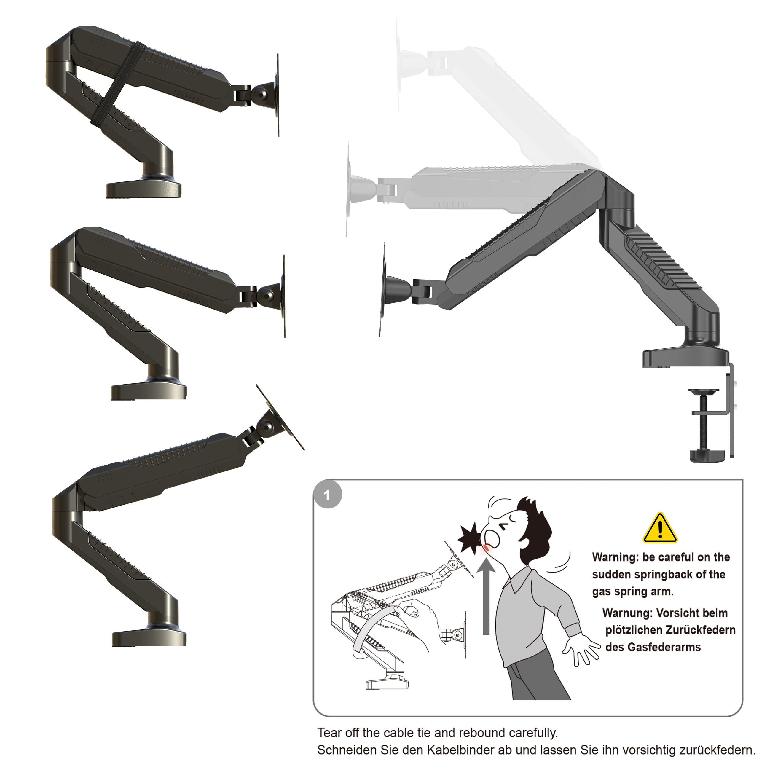 HFTEK - Support de Bureau pour écran pc LCD LED de 15"-34" - VESA de 75 x 75/100 x 100, C Clamp Équipé, Ressort à Gaz, Ergonomique Hauteur Réglable, Charge Max 9kg (HF12GMCB)
