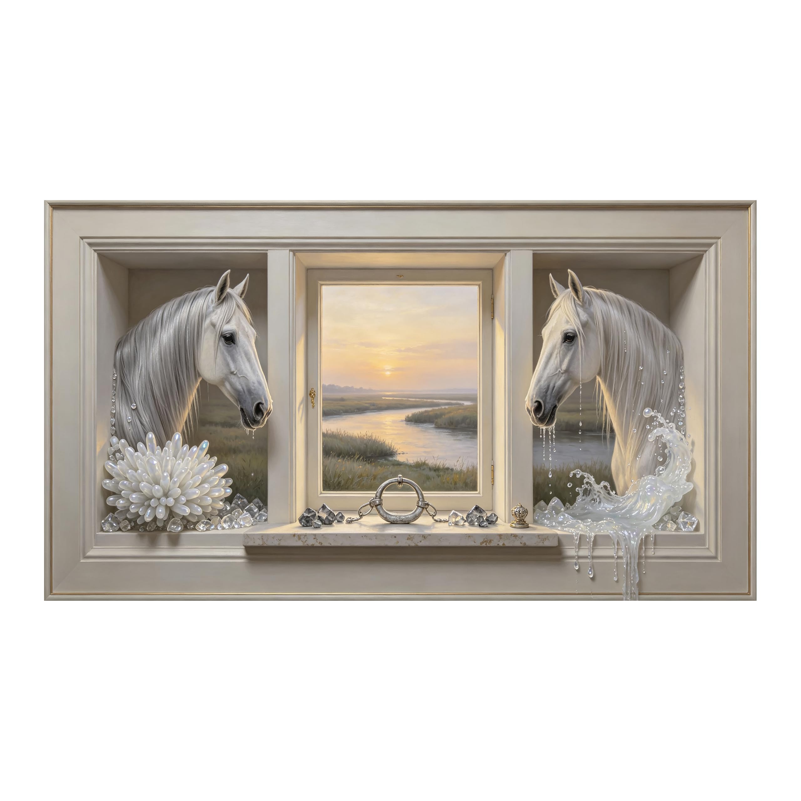 Yzpallescene 3D Framed Wall Art White Horse Window View River Sunset Surrealism Large Size SelfAdhesive Removable Wall Decor Prints Artwork for Living Room Bedroom Office