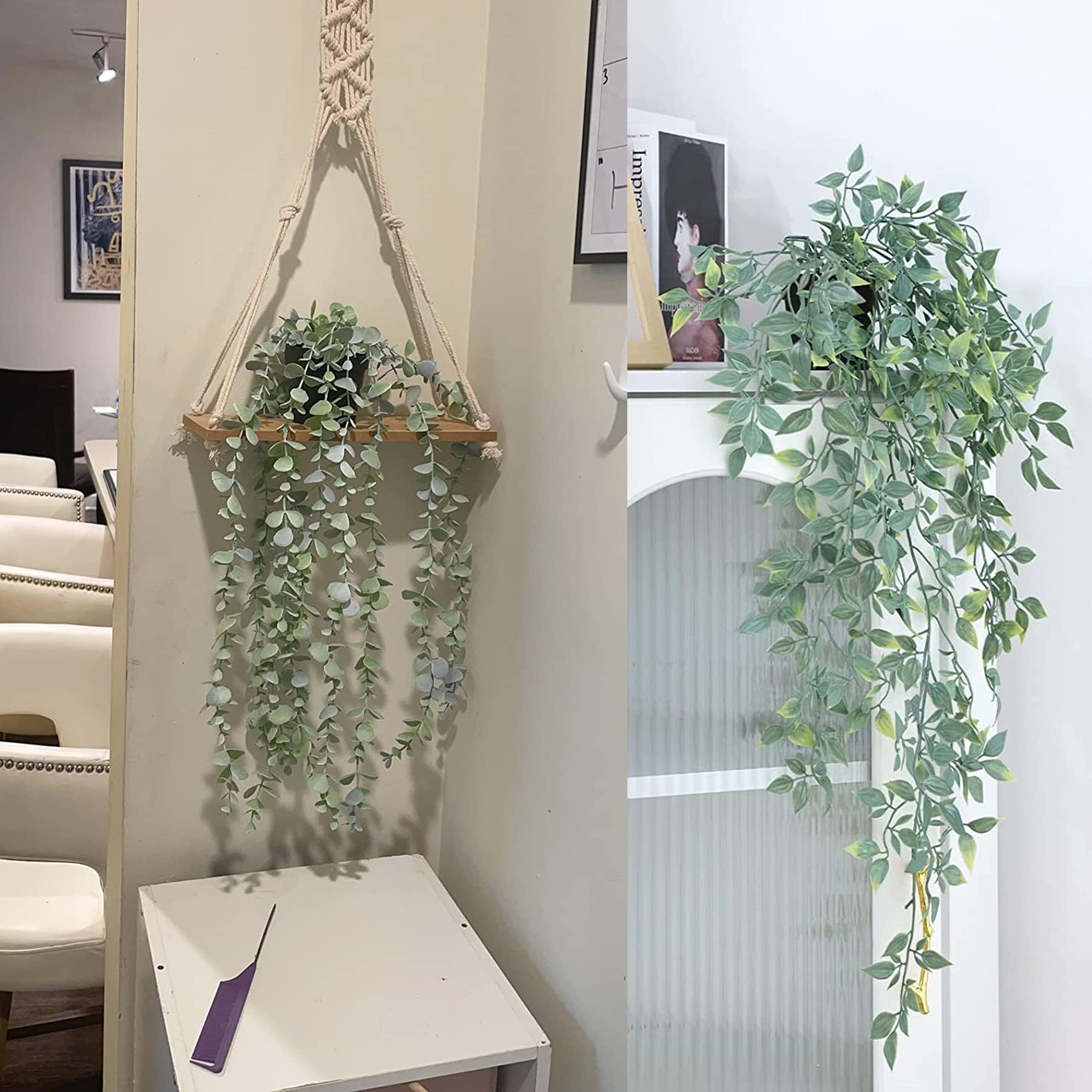2 Piante Artificiali Rampicanti Da Appendere – Lunghe Foglie Di Eucalipto Finte, Verde, Per Decorazione Casa, Ufficio, Interni/Esterni - 2