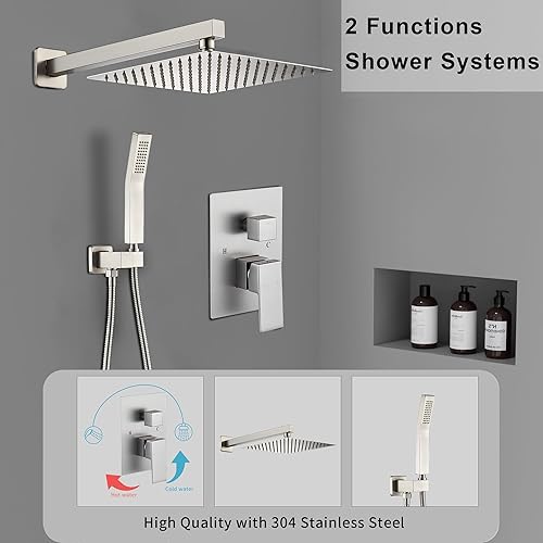 Miniatura 2 de Sistema de ducha de níquel cepillado de 10 pulgadas, sistema de ducha con grifo de ducha de mano montado en la pared para baño de alta presión