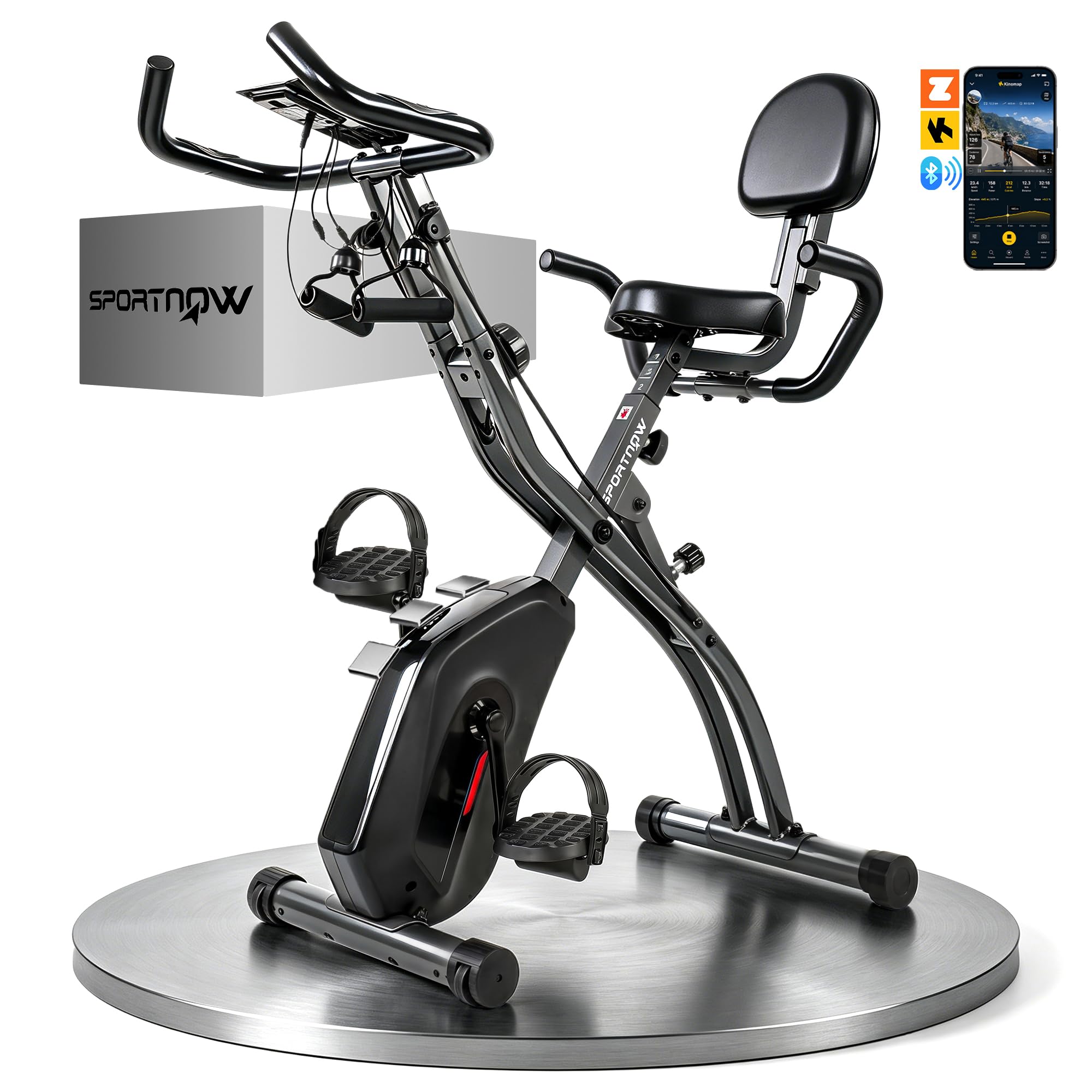 SPORTNOW Cyclette da Casa Pieghevole 3 in 1 con App Bluetooth, Cyclette da Camera con Banda Elastica, 8 Livelli Resistenza Magnetica, Sedile Regolabile, Display LCD, Sensore Cardiaco, Portatelefono