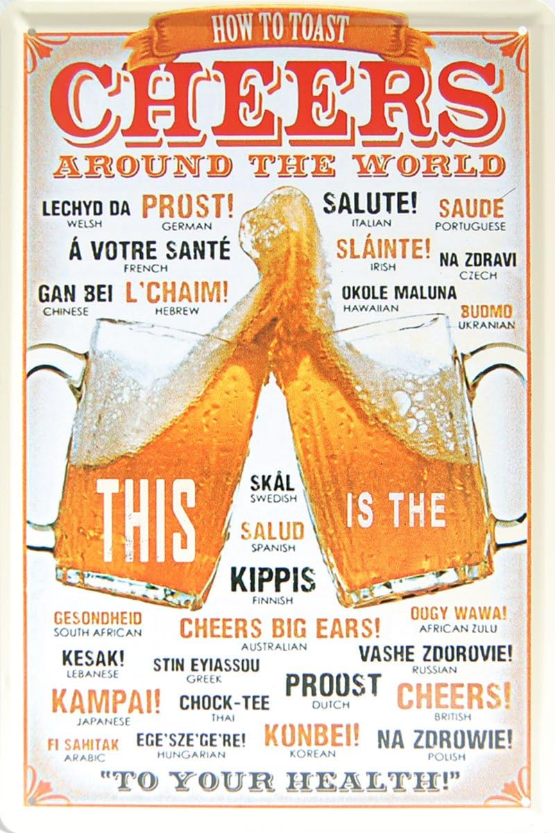 How to Toast Cheer Around the World, Metal Tin Sign, Vintage Style Wall Ornament Coffee & Bar Decor, Size 8" X 12"