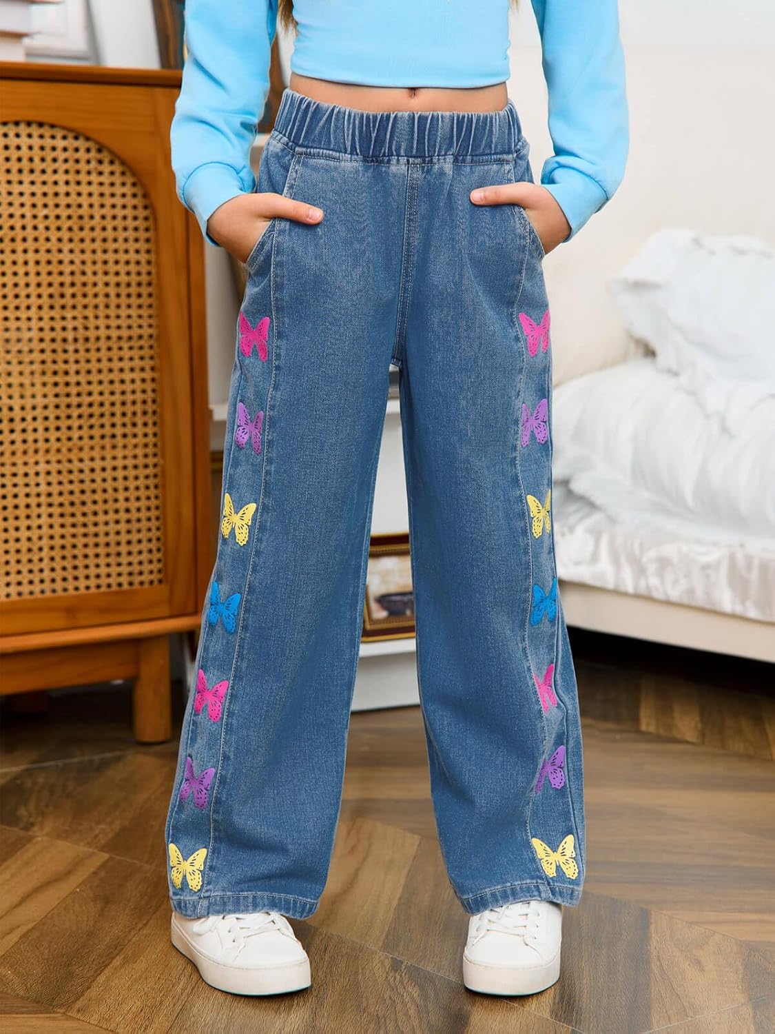 Haloumoning Girls Butterfly Print Jeans Kids Elastic Waist Wide Leg Denim Baggy Pants with Pockets 5-14Y - Image 3