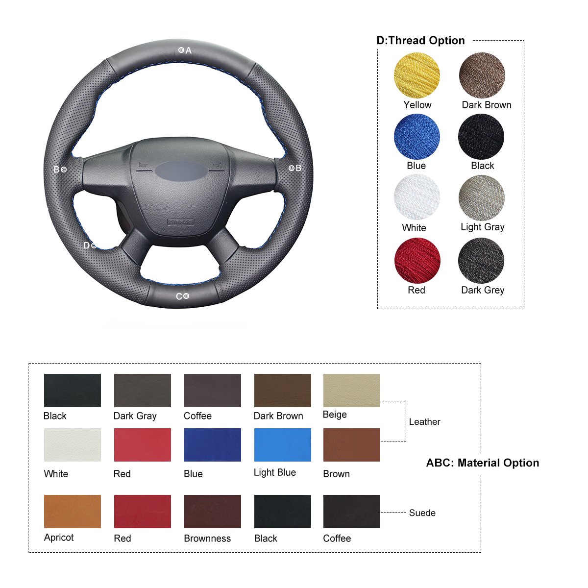 Fundas de Volante de Cuero Genuino Negro Cosidas a Mano para Ford Focus 2011-2014, C-MAX (Grand C-MAX) 2010-2015 y Kuga 2012-2016.