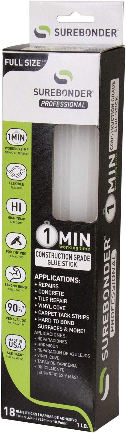 Surebonder Construction Professional Grade Adhesive Hot Melt Glue Sticks - Full Size 10" L, 7/16" D - 1 Minute Working Time, for Home Repairs & Strong Bonds, Made in USA (CG-1R10T)