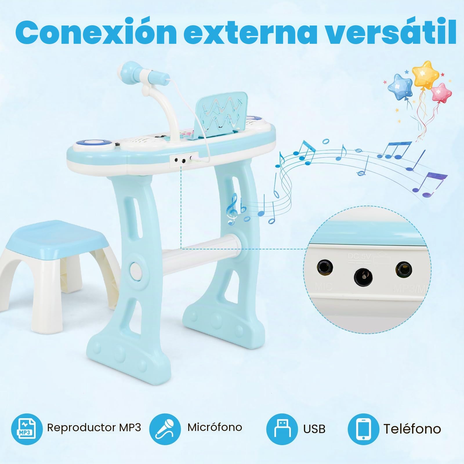 RELAX4LIFE Piano Infantil 37 Teclas con Micrófono, Soporte, Atril y Taburete, Piano Eléctrico con Función de Grabación, 8 Tonos, 8 Ritmos, USB/MP3 para Niños 18+ Meses, Juguetes Niños 1 Año (Azul)