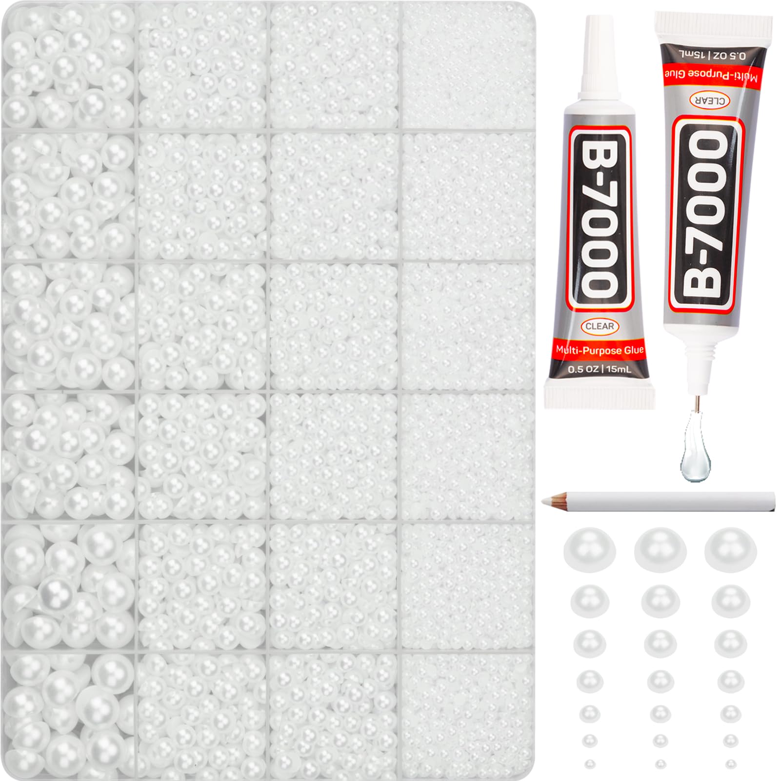 10000Pcs White Flatback Pearls with Glue Kit for Bedazzling Crafts Crafting Shoes Nail Art Decoration, Mixed Sizes 2mm 3mm 4mm 5mm 6mm 8mm 10mm White Half Round Flat Back Pearls Beads Set