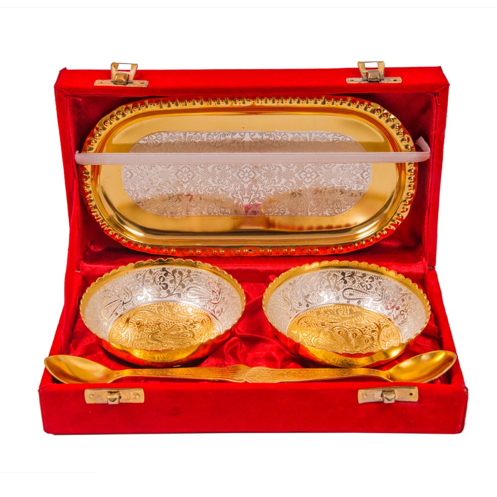 Gifts Brass Bowl Set with Spoons and Tray (Pack of 5) Used for Home Decor, Serving and Gifting/German Silver Gift for Pooja Gifts Brass Bowl Set with Spoons and Tray (Pack of 5) Used for Home Decor, Serving and Gifting/German Silver Gift for Pooja