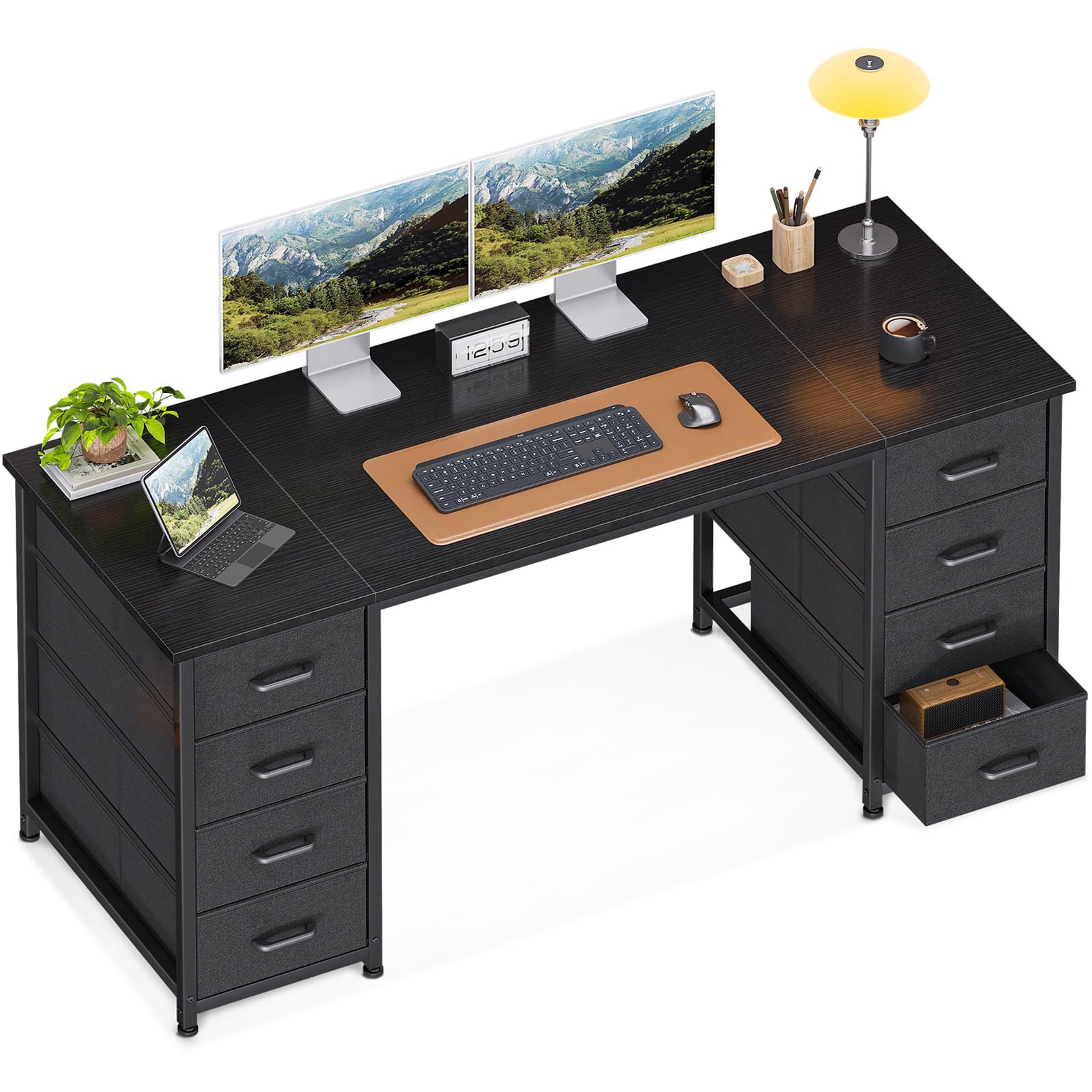 Coleshome Schreibtisch mit 8 Schubladen, Bürotisch, Computertisch mit Stoffschubladen Arbeitstisch für Home Office, Arbeitszimmer