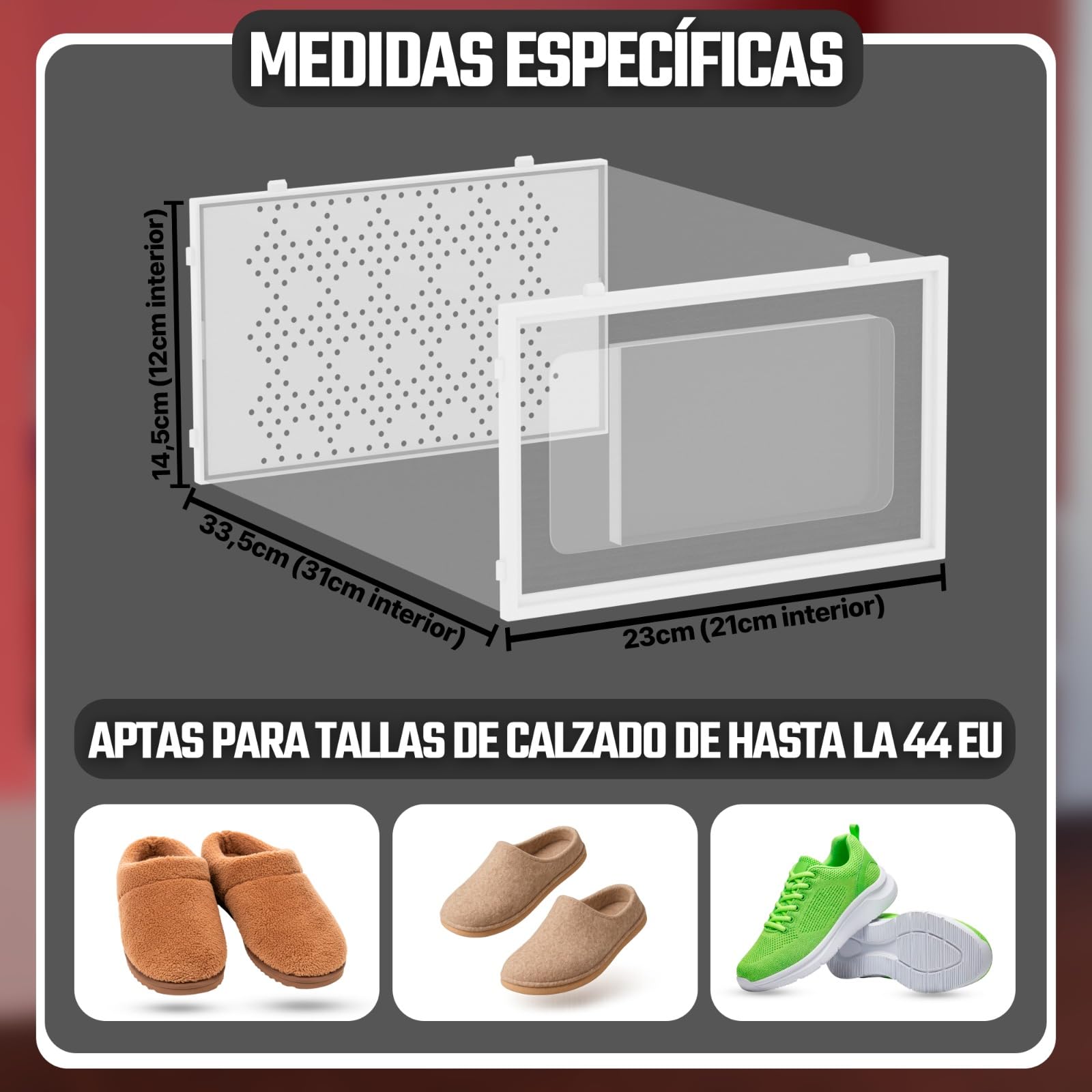 GEAD - Cajas Zapatos 6 pcs, Cajas Zapatos Transparentes, caja zapatos transparente apilable, cajonera plastico organizador, organizador zapatos armario hasta Talla 44 EU. Zapatero plastico