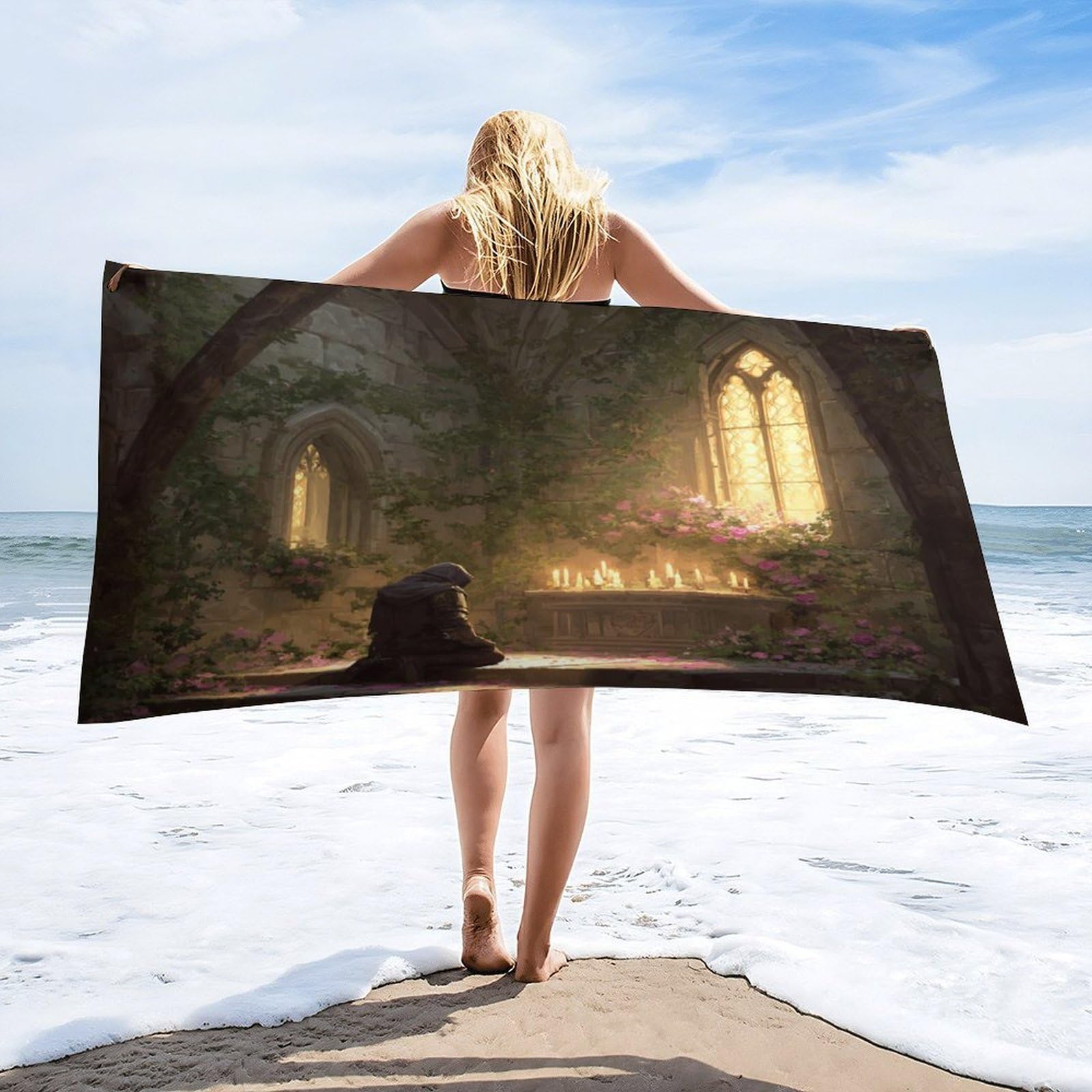 Luyysky Fantasy Realistic Castle Arch Absorbent Beach Towel, Retro Fantasy Spring Sunshine Arch Plant Roses Flowers Outdoor Single-Sided Velvet Beach Towel-80 W Cm X 160" L Cm