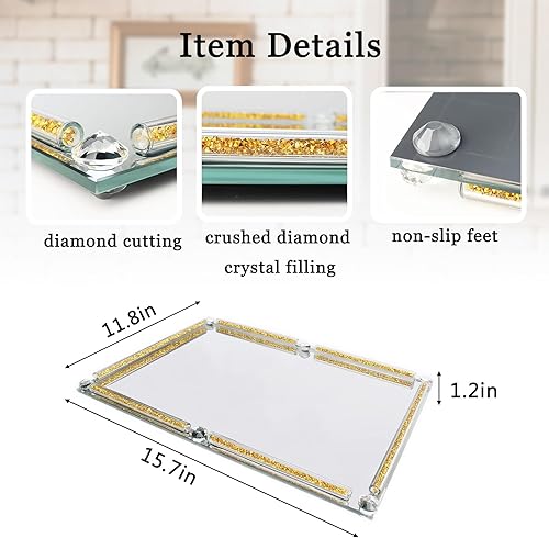 Miniatura 10 de Bandeja de cristal de cristal, bandeja de tocador de espejo, bandeja de decoración dorada para tocador, bandeja de maquillaje cosmético para joyas,