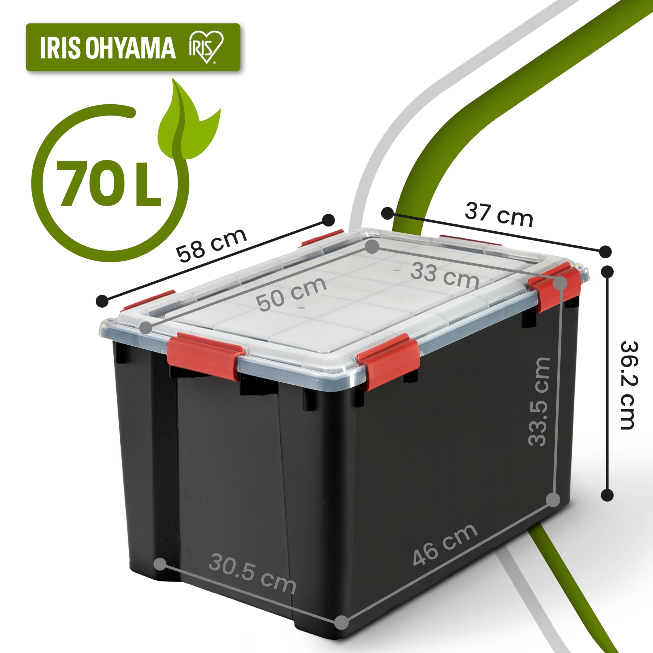 Iris Ohyama, Scatola di Raccoglimento Ermetica in Plastica, 70L, Per Unità, Nero, Giunto Stagno, Clip di Chiusura, Impilabile, per Esterno, Garage, Abbigliamento, No Polvere, Senza BPA, WSB-70
