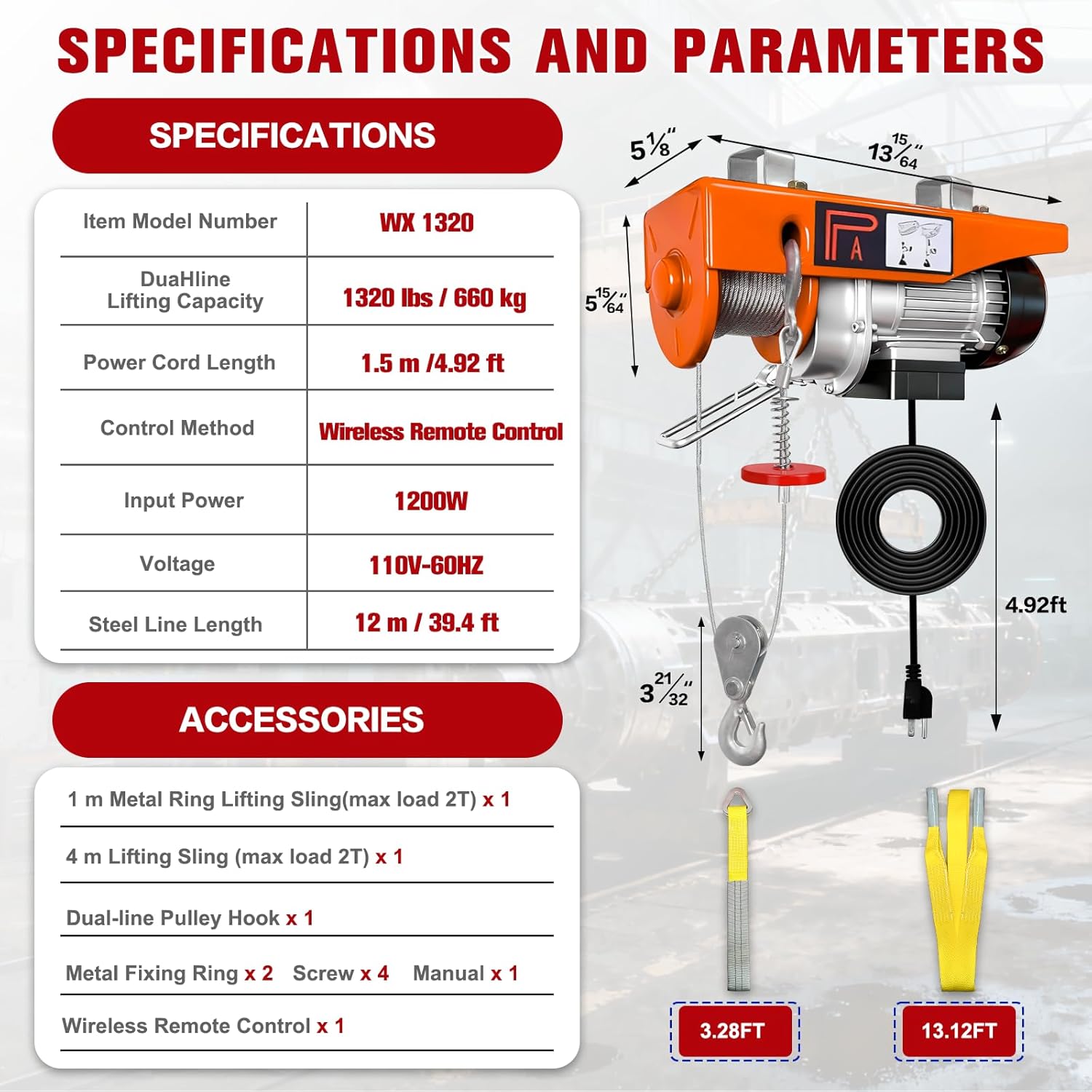 1320 lbs Electric Hoist,110v Electric Hoist Winch with 328 ft Wireless Remote Control, Zinc-Plated Steel Wire,39.4 ft Lifting Garage Lift Hoist,Single/Double Slings Winch for Factories, Warehouses