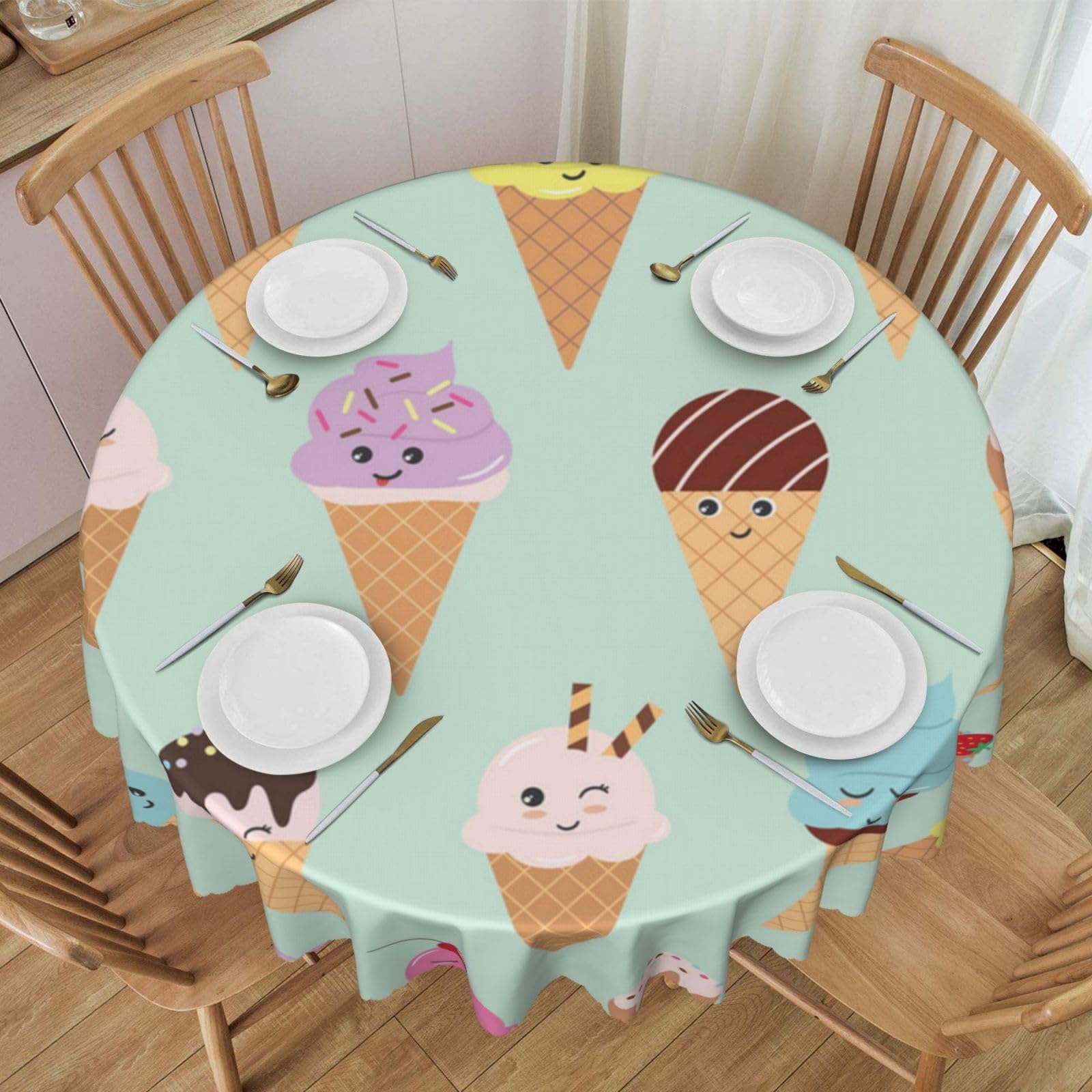 DCEHGEW 60 In Round Tablecloth with Lace, Ice Cream Cones Printed Oilproof & Washable Fabric Picnic Table Cloth Table Covers
