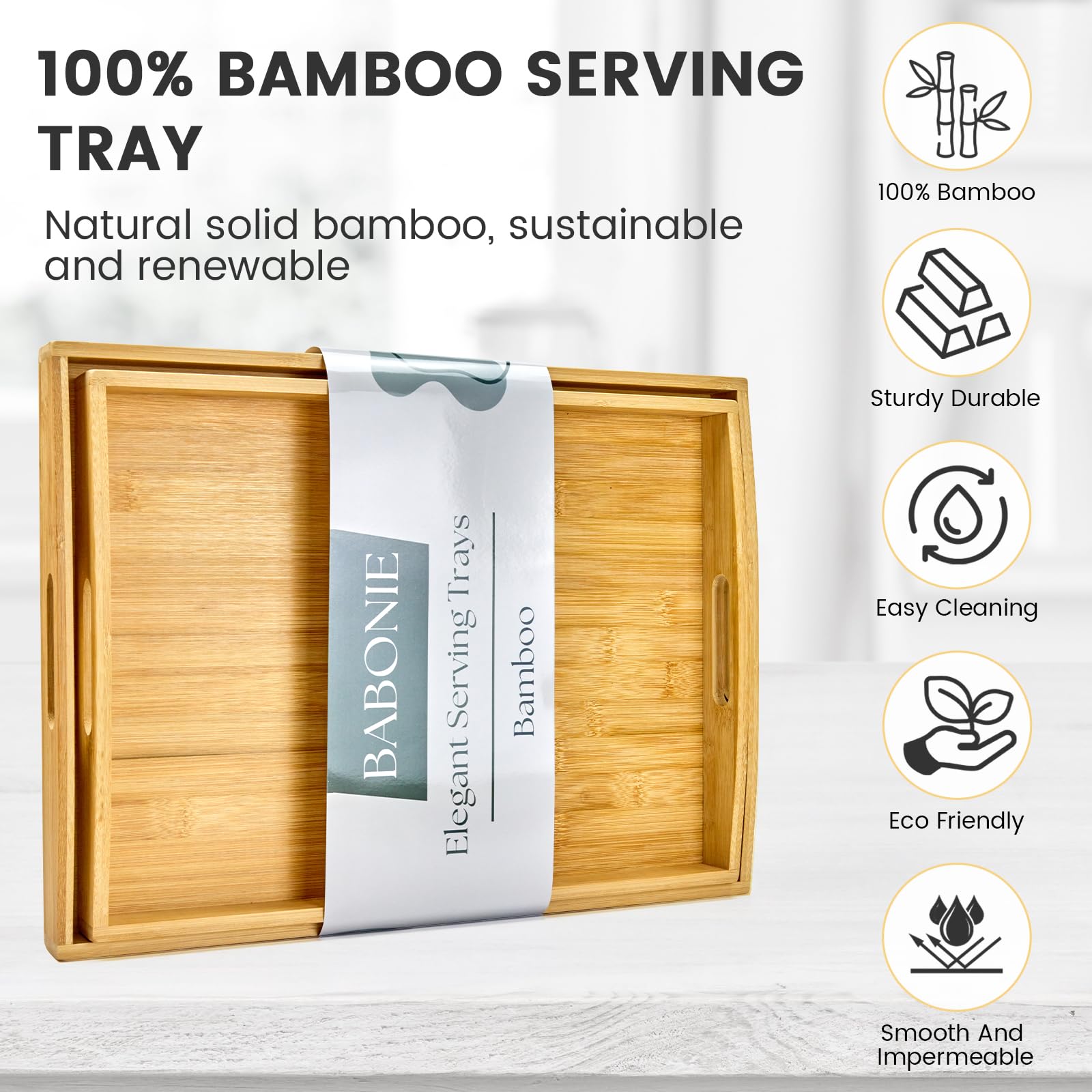 Juego de 2 bandejas de bambú para servir con asas, bandejas decorativas de madera para comer, trabajar y almacenar, adecuadas para su uso en dormitorio, sala de estar, cocina, baño, escenarios