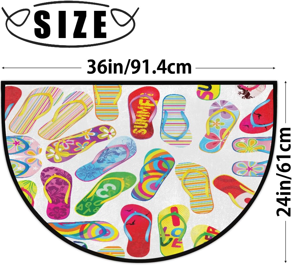 Flip Flops Half Round Door Mats for Inside Entry, Half Circle Doormat Welcome Front Door Mat, Indoor Outdoor Rugs, Non-Slip Floor Mat for Bedroom Kitchen Fireplace 36x24 Inch