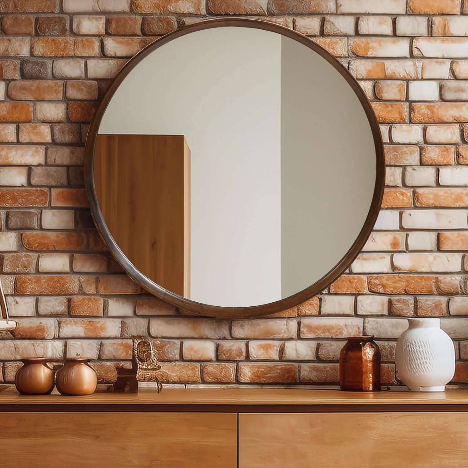MALLIK DESIGN Round Wall Mirror with Durable Wooden Frame – 30" (Brown) | Modern Decorative Wall Hanging Mirror for Bathroom, Bedroom, Basin, Dressing Table, Entryway & Home Interior Decor-image-34