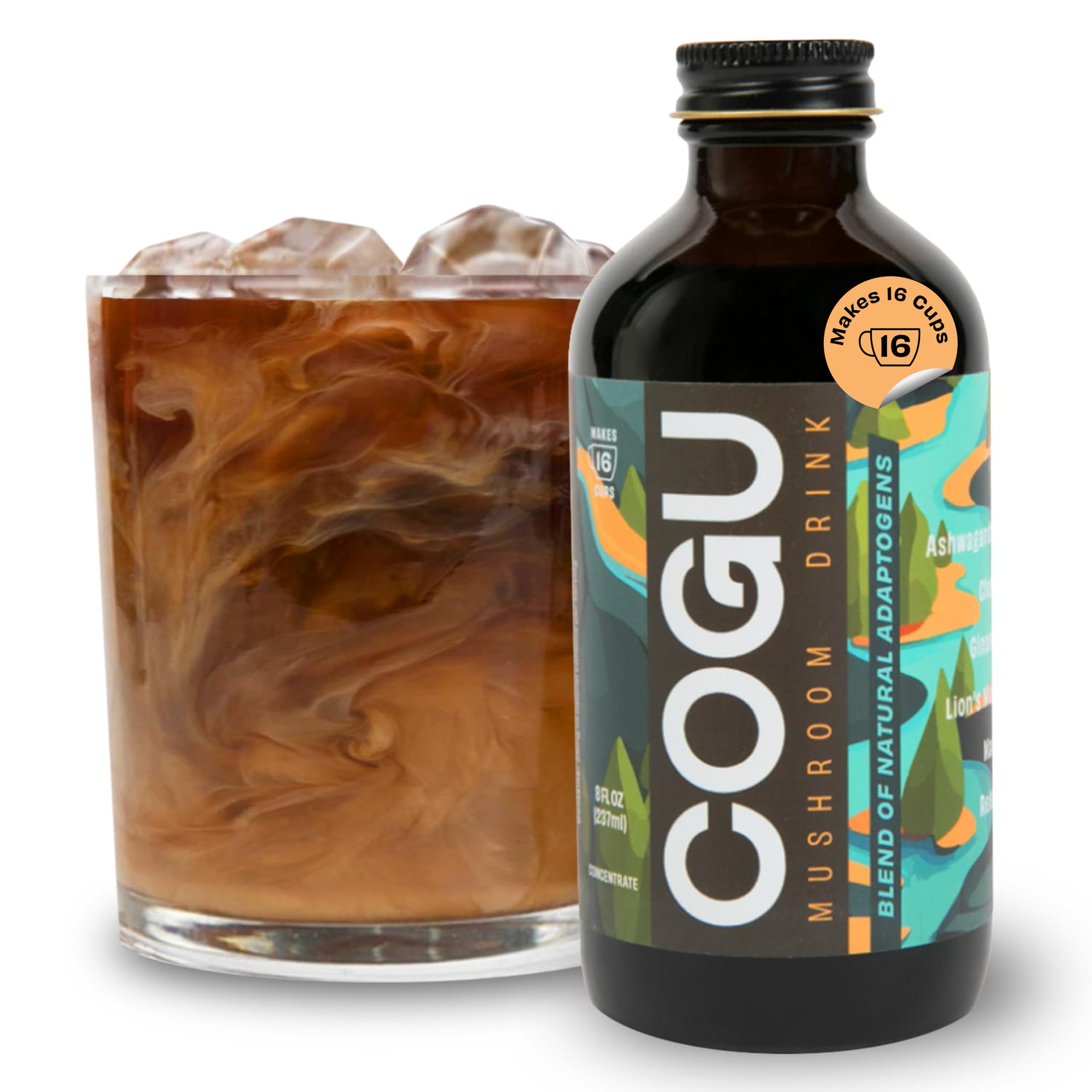 Cogu Concentrated Coffee Alternative, Mushroom Drink with Chaga, Reishi, Lion's Mane, Ashwagandha, Ginseng, Maca, and other adaptogens. 16 servings