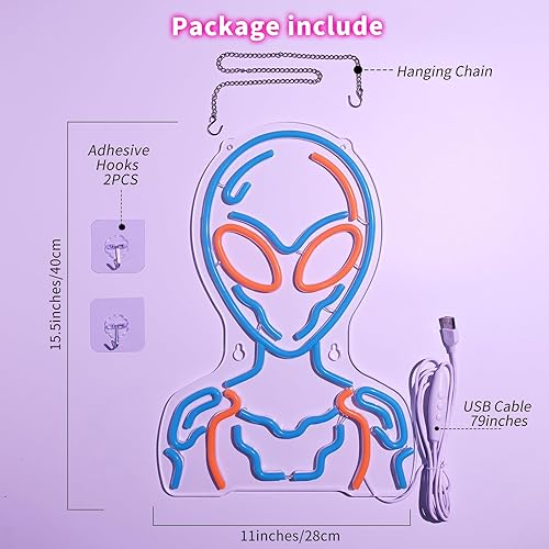 Miniatura 6 de Cartel de neón Cyber Alien - Arte de pared LED azul y naranja para sala de juegos, dormitorio adolescente, decoración de fiesta de ciencia ficción,