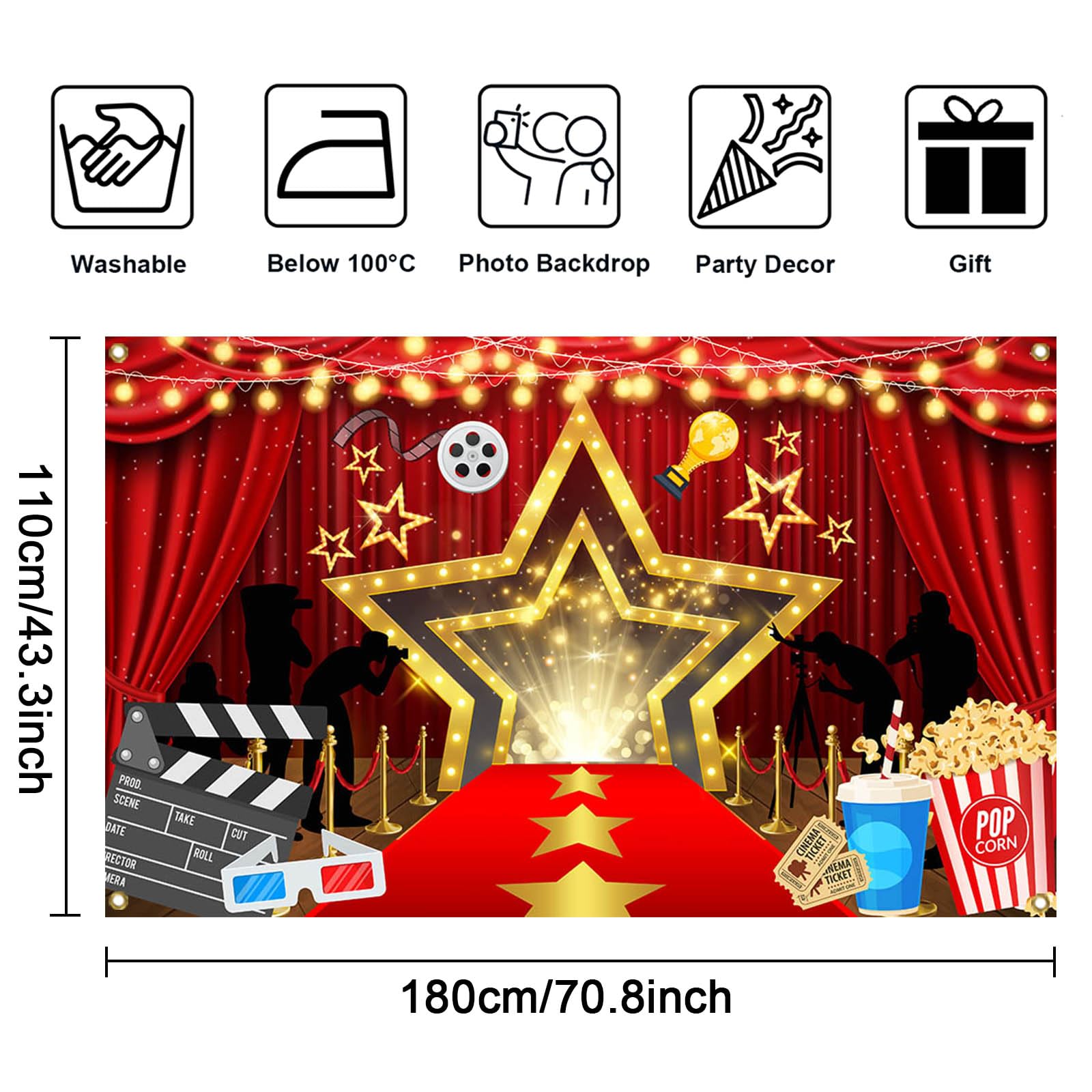 Mocsicka Suministros de decoración de fiesta temática de película, fiesta de cumpleaños, premios, ceremonia nocturna, fondo de fotografía (rojo, 70.8 x 43.3 pulgadas)