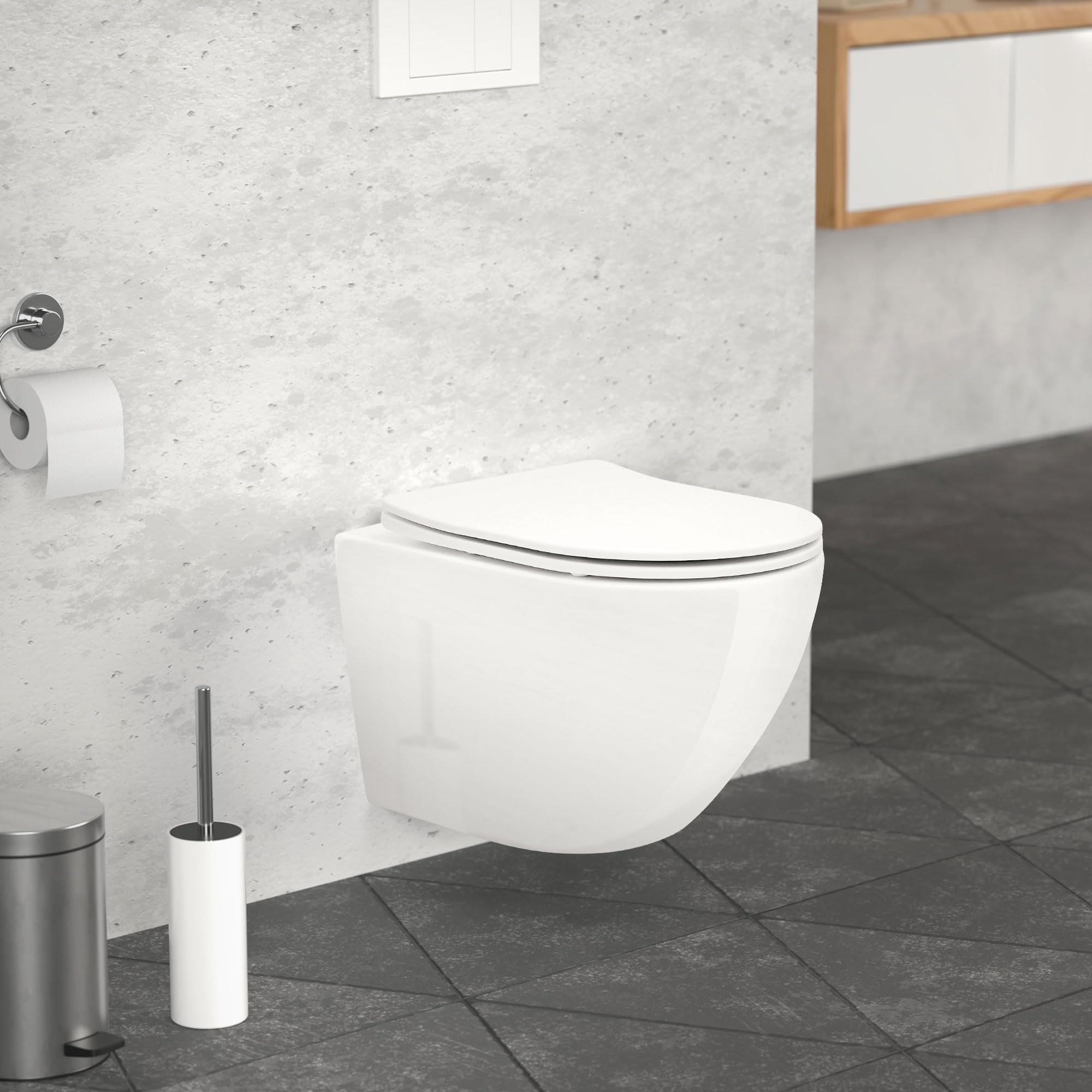 LuxeBath WC Sospeso Senza Bordo Vaso in Ceramica Bianco Corto 49 cm Risciacquo Scarico Tornado con Sedile Softclose Water Sanitari per Bagno Superficie Lucida Facile da Pulire