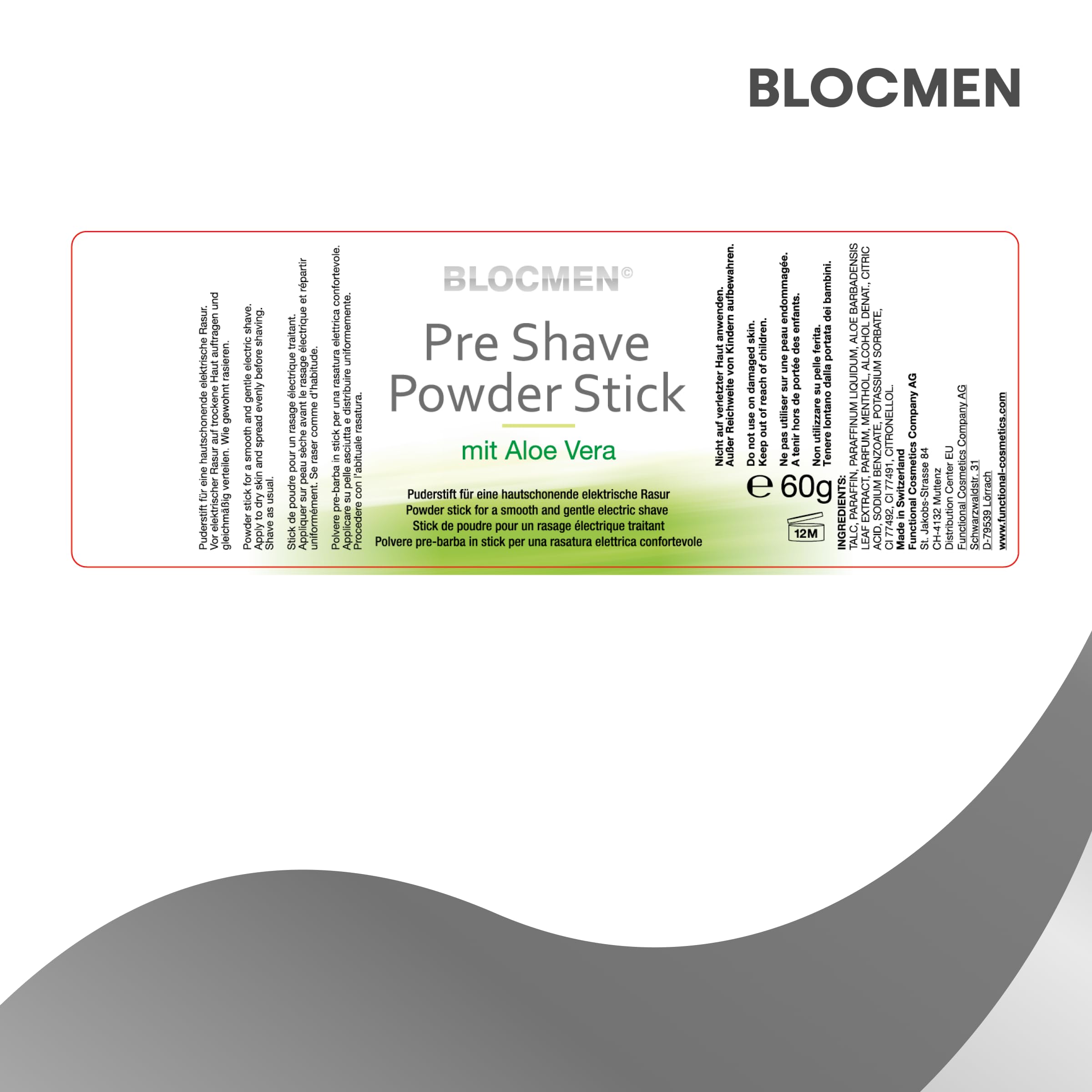 BLOCMEN Aloe Vera Rasurpuderstift 6x 60g für schonende Trockenrasur ohne Hautirritationen - Pre-Shave Powder Stick mit Aloe & Menthol für Männer