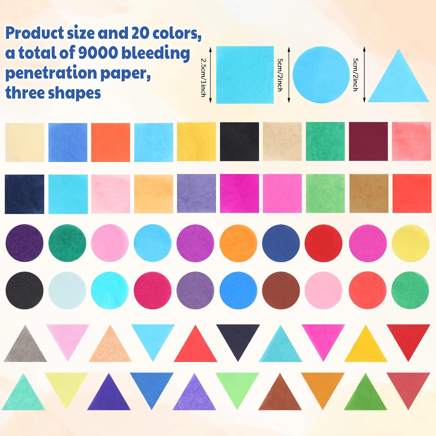 Feifeiya 9000 Pcs Bleeding Tissue Paper 1 Inch Squares Round and Triangle Watercolor Bleeding Paper for Art Wet Strength Tissue for DIY Projects Scrapbooking Greeting Cards, 20 Assorted Colors
