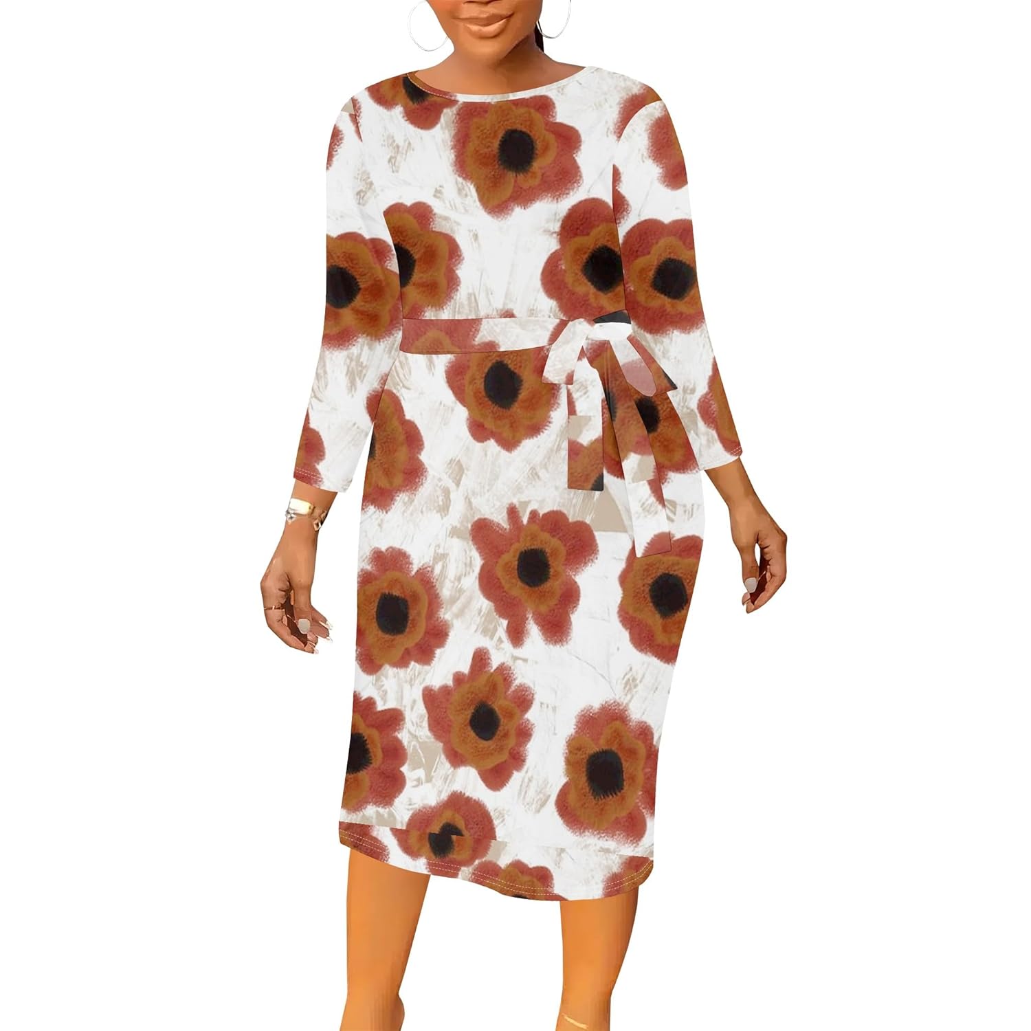 Womens Fall Plus Size Long Sleeve Belted Midi Dress Crew Neck Sheath for Office Church Fall Events XL