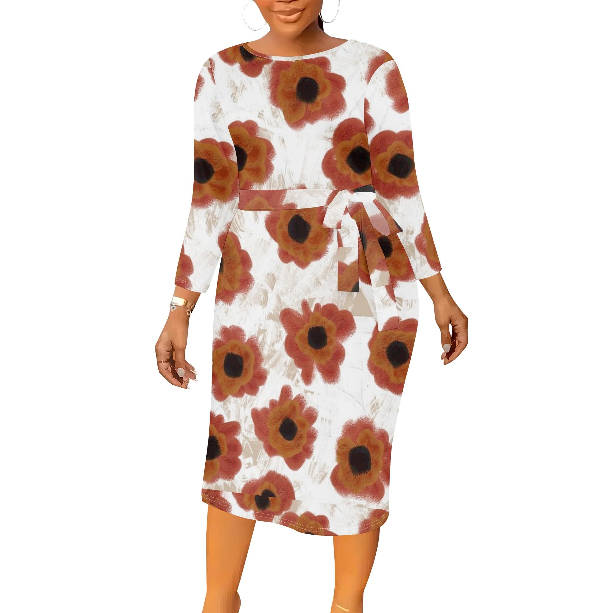 Womens Fall Plus Size Long Sleeve Belted Midi Dress Crew Neck Sheath for Office Church Fall Events XL